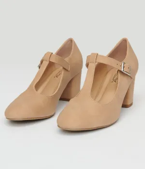 1920s Nude Suede T-Strap Mary Jane Heels