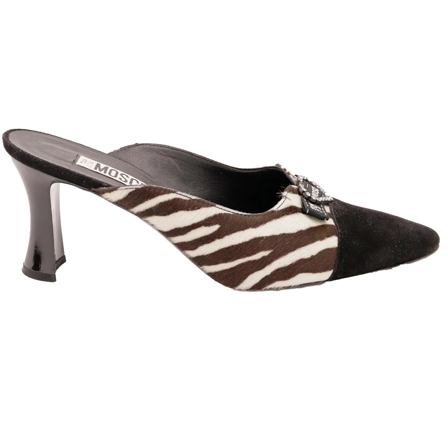 1990s Vintage Moschino Shoes Black w Brown Zebra Stripe Mules