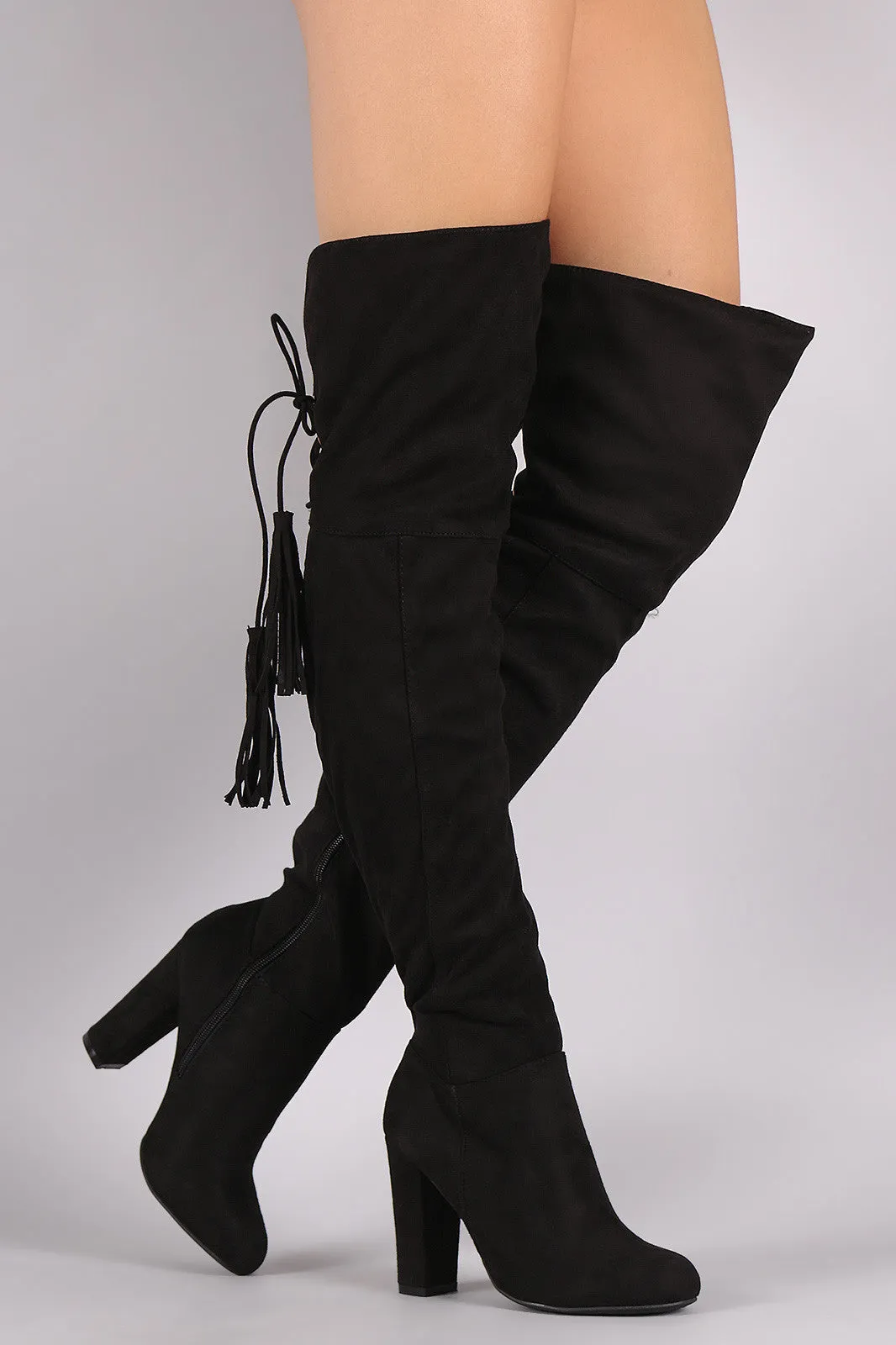 Bamboo Suede Back Tassel Lace Up Chunky Heeled Boots