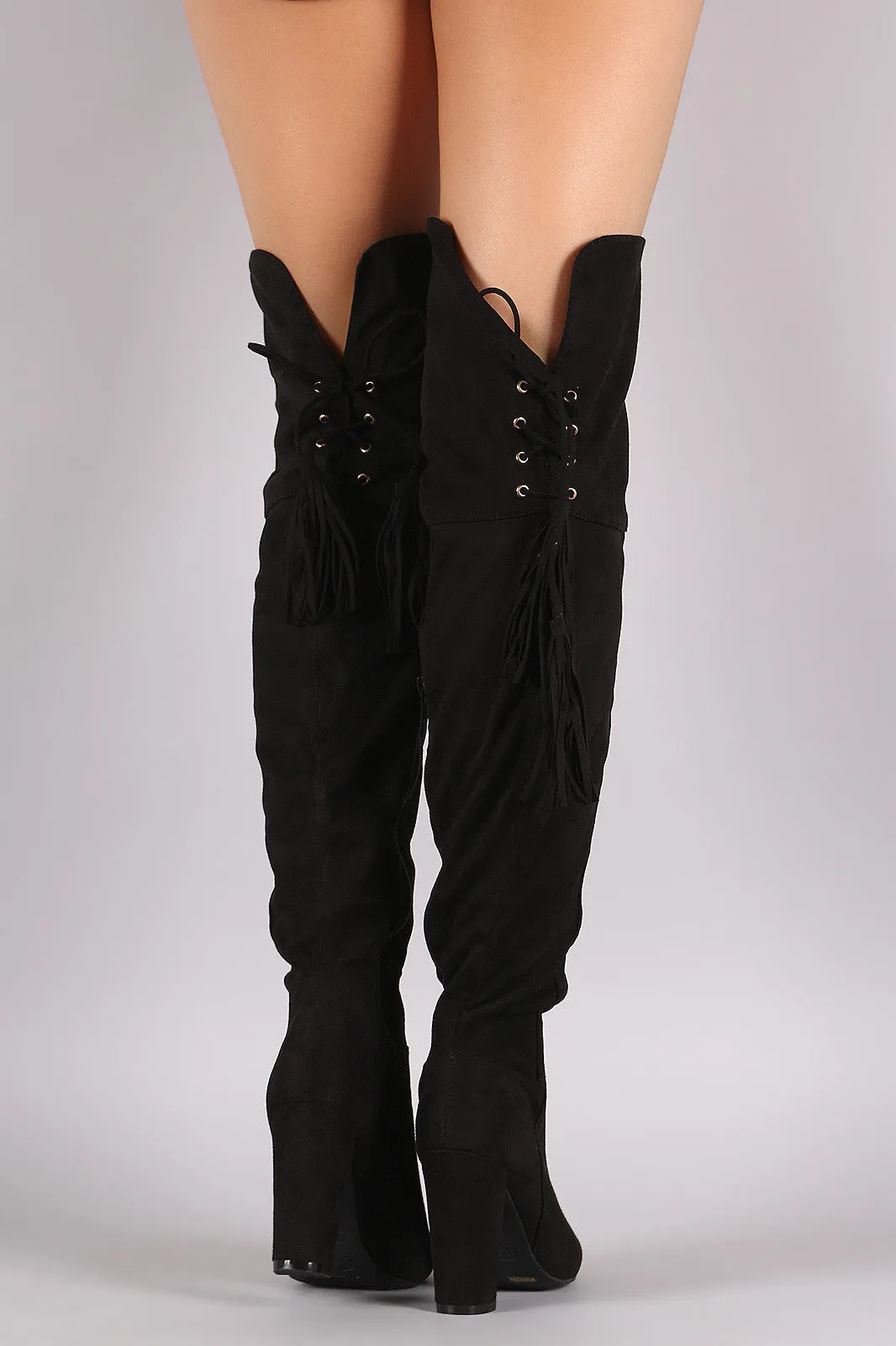 Bamboo Suede Back Tassel Lace Up Chunky Heeled Boots