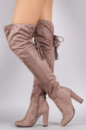 Bamboo Suede Back Tassel Lace Up Chunky Heeled Boots