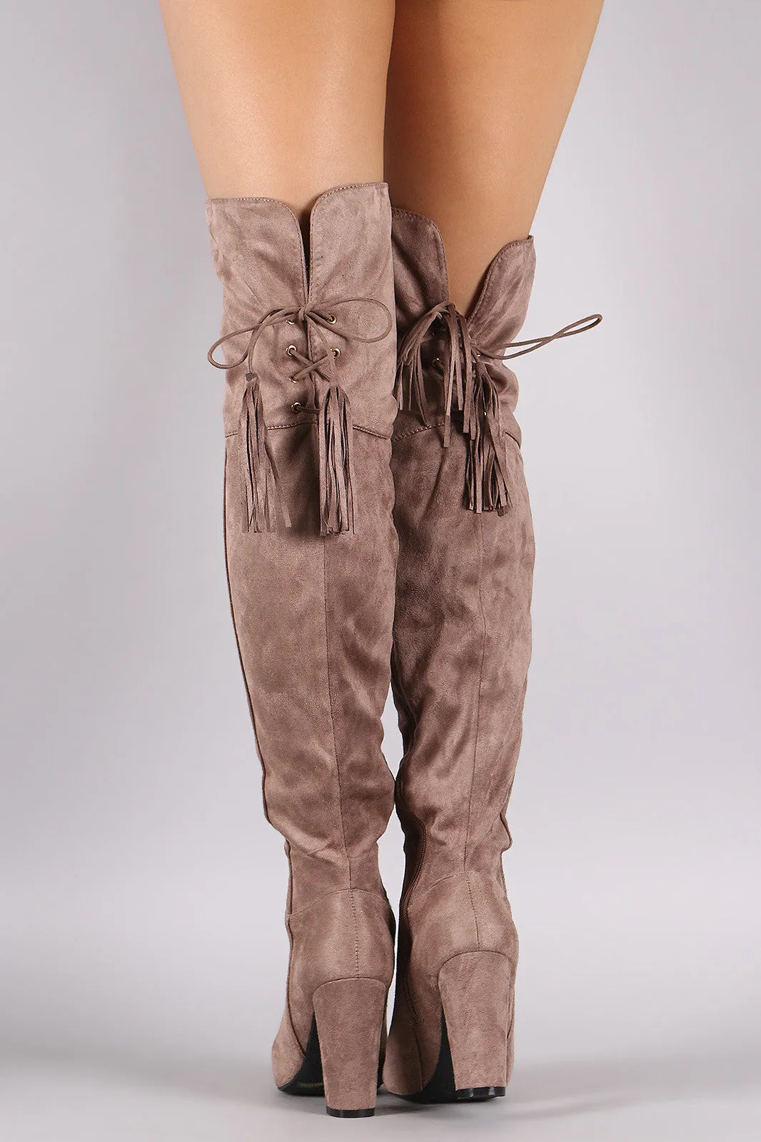 Bamboo Suede Back Tassel Lace Up Chunky Heeled Boots