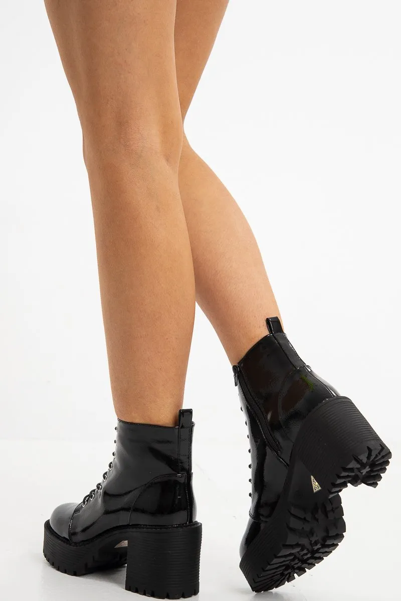 Black Patent Chunky Sole Block Heel Boots - Helsa