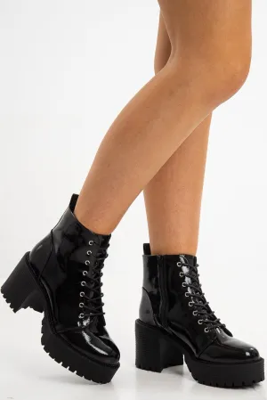 Black Patent Chunky Sole Block Heel Boots - Helsa