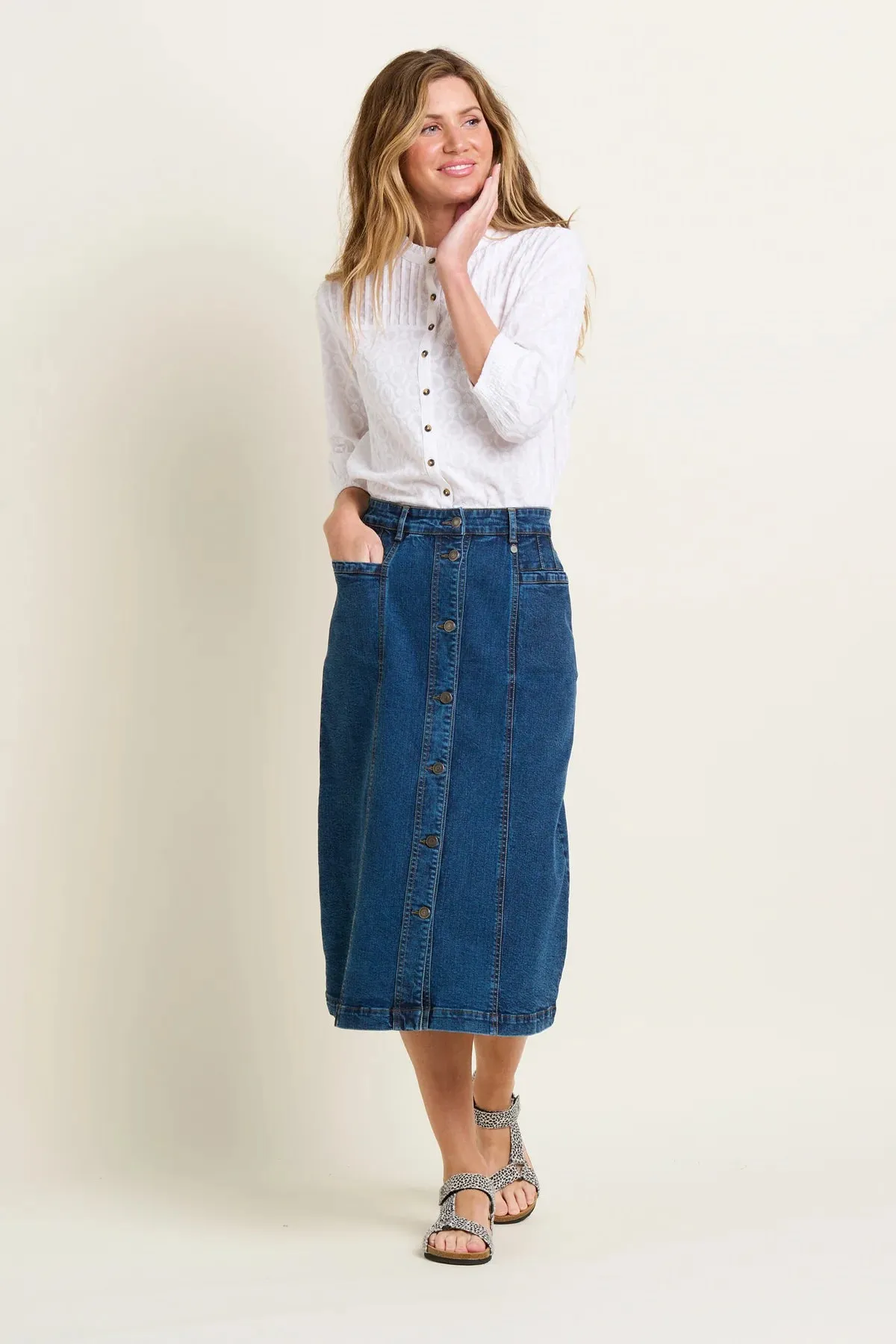 Button Front Denim Midi Skirt