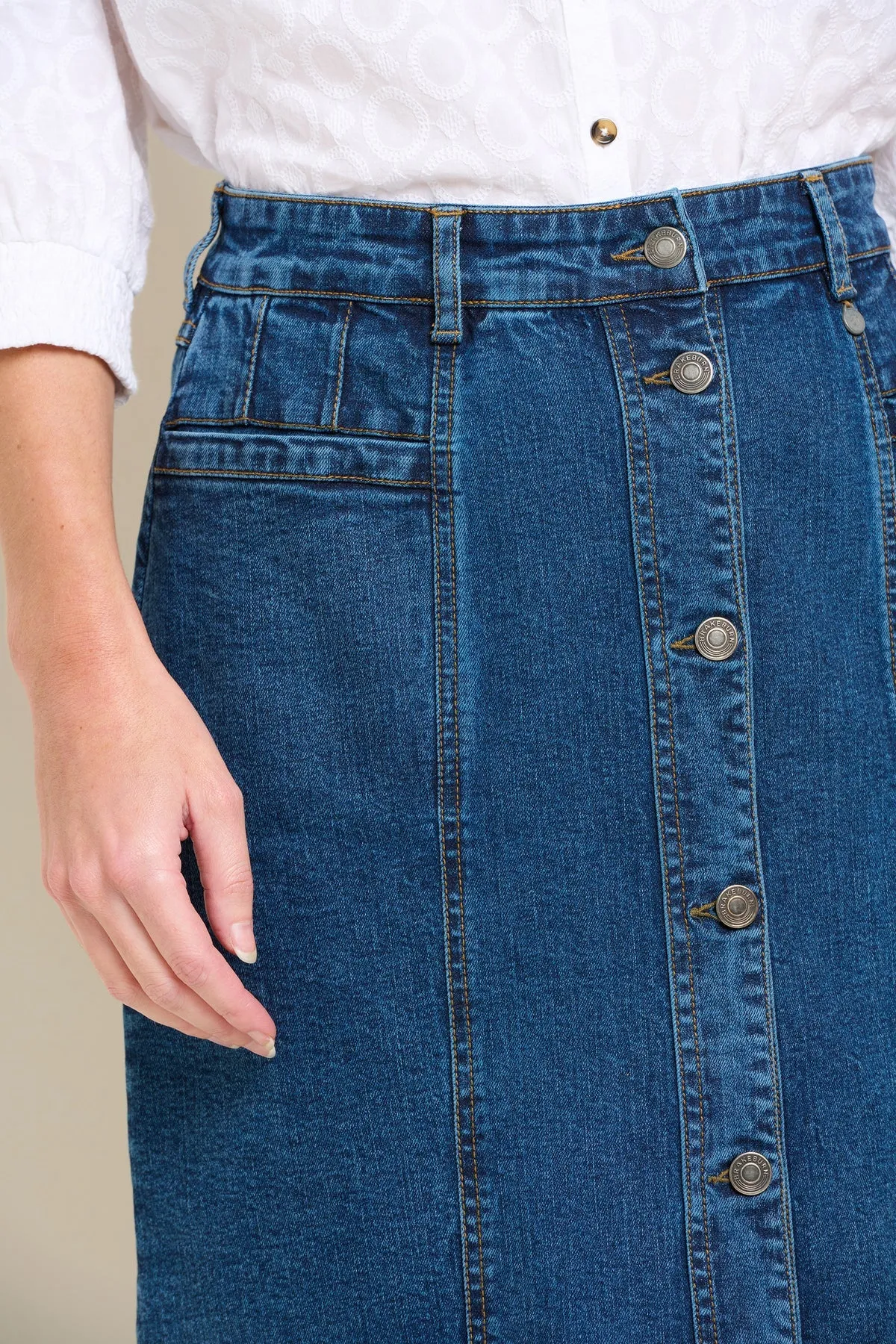 Button Front Denim Midi Skirt