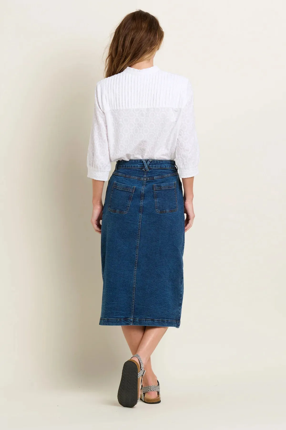 Button Front Denim Midi Skirt