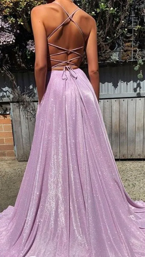 Charming Simple Spaghetti-Straps A-line V-neck Prom Dresses with Sequins, SP468