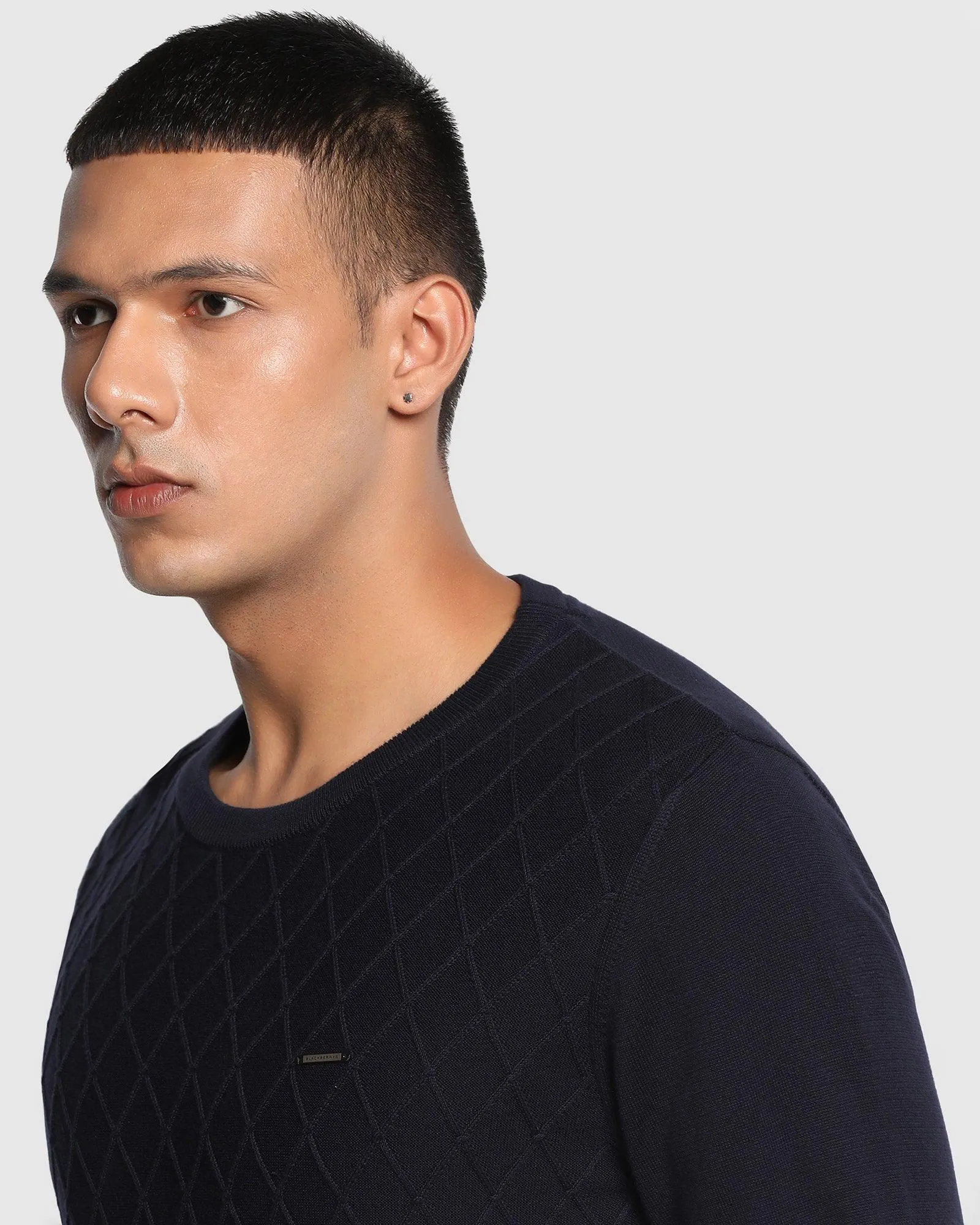 Crew Neck Navy Textured Sweater - Sant