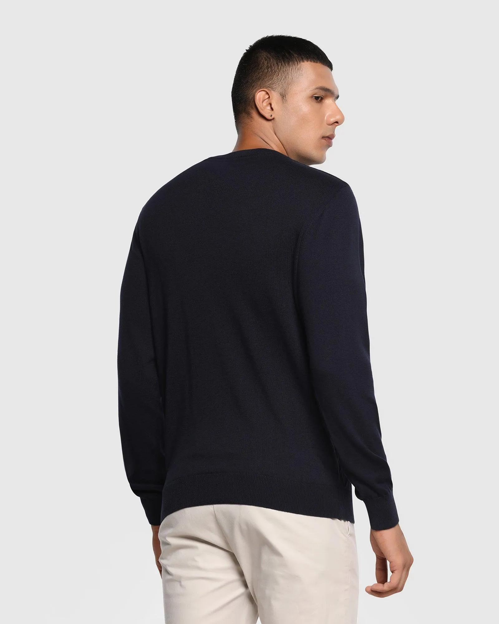 Crew Neck Navy Textured Sweater - Sant