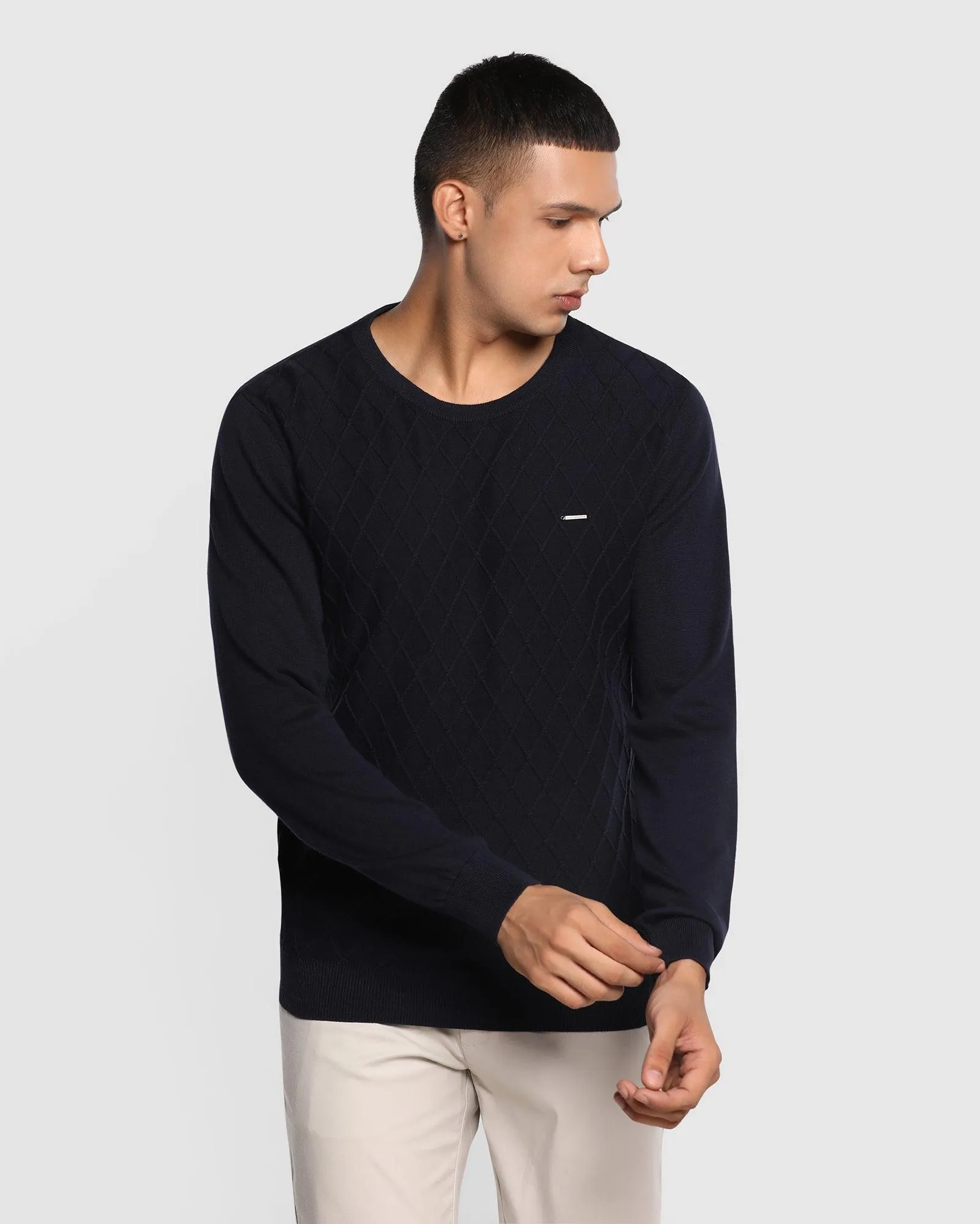 Crew Neck Navy Textured Sweater - Sant