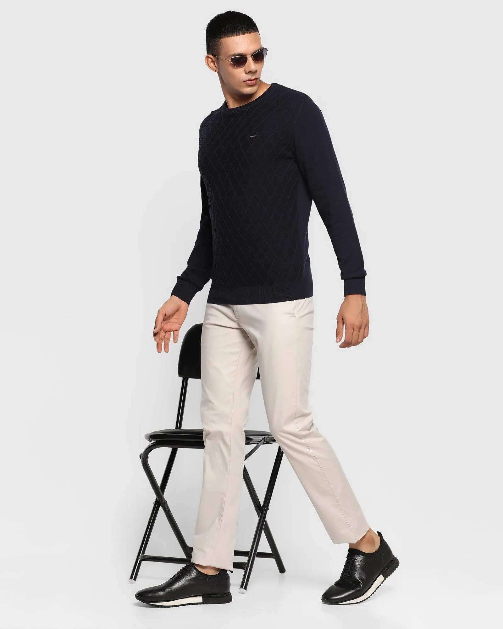 Crew Neck Navy Textured Sweater - Sant