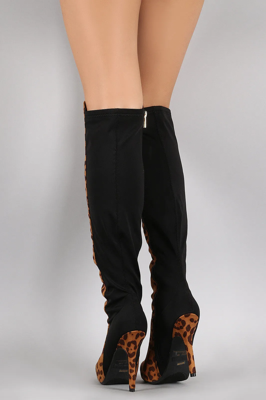 Dollhouse Leopard Lycra Panel Stiletto Over-The-Knee Boots