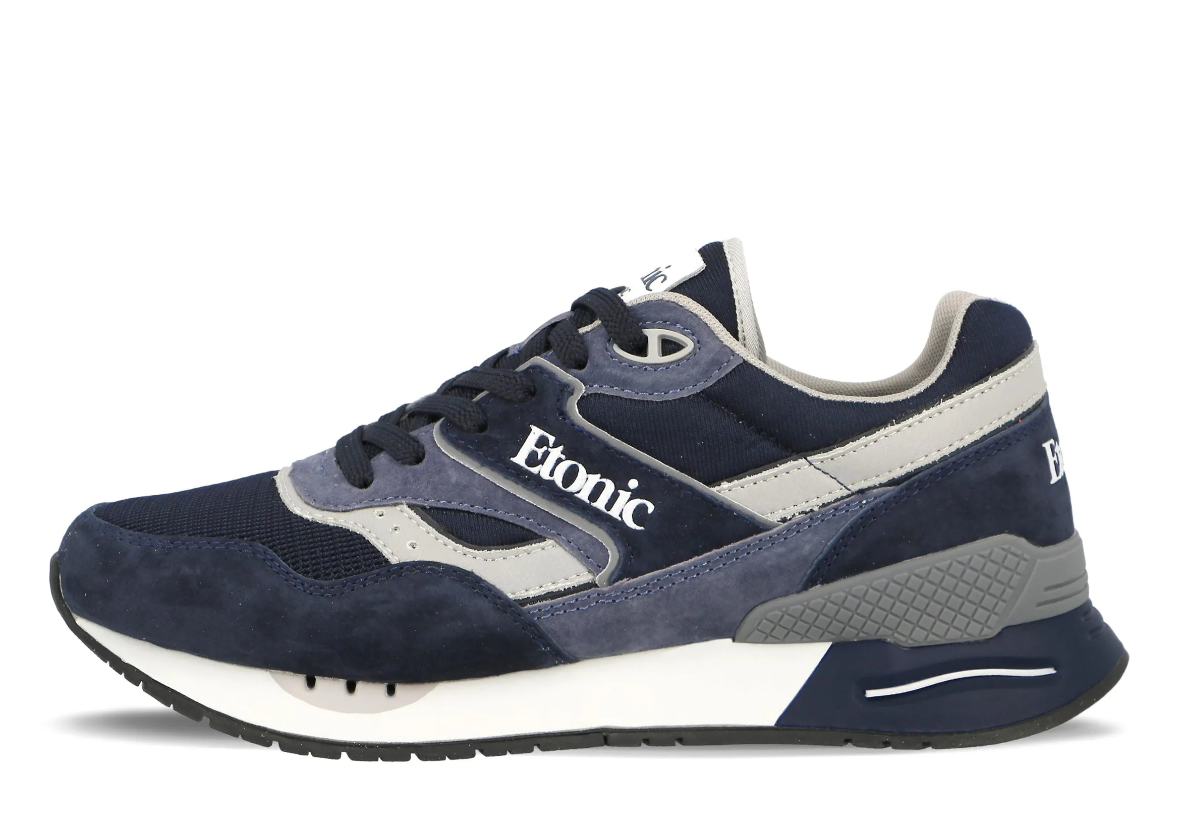 Etonic Stable Base sneakers in navy blue mesh fabric and suede with multi-layer grey leather inserts.