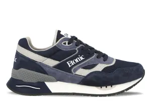 Etonic Stable Base sneakers in navy blue mesh fabric and suede with multi-layer grey leather inserts.