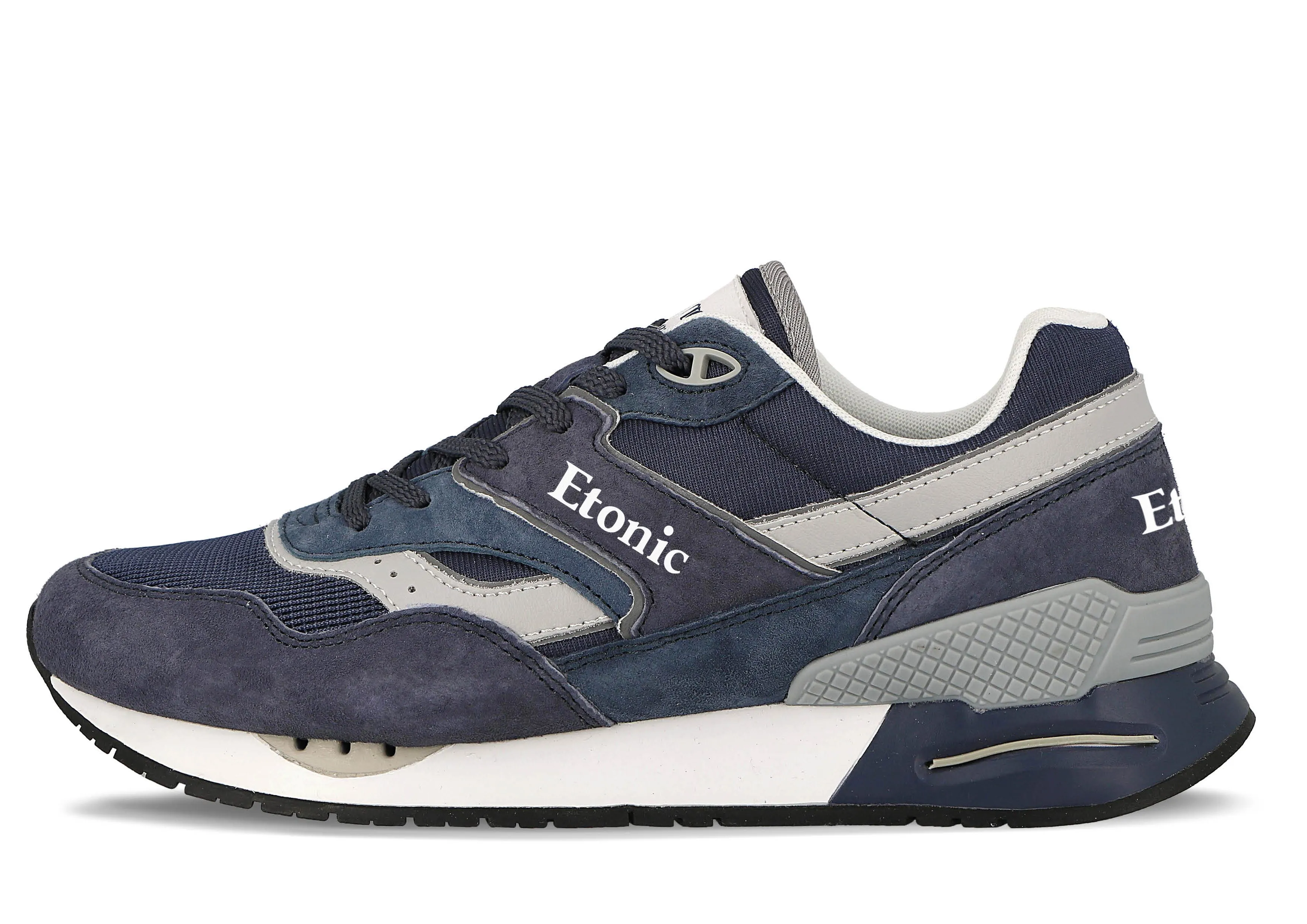 Etonic Stable Base sneakers in navy blue mesh fabric and suede with multi-layer light grey leather inserts