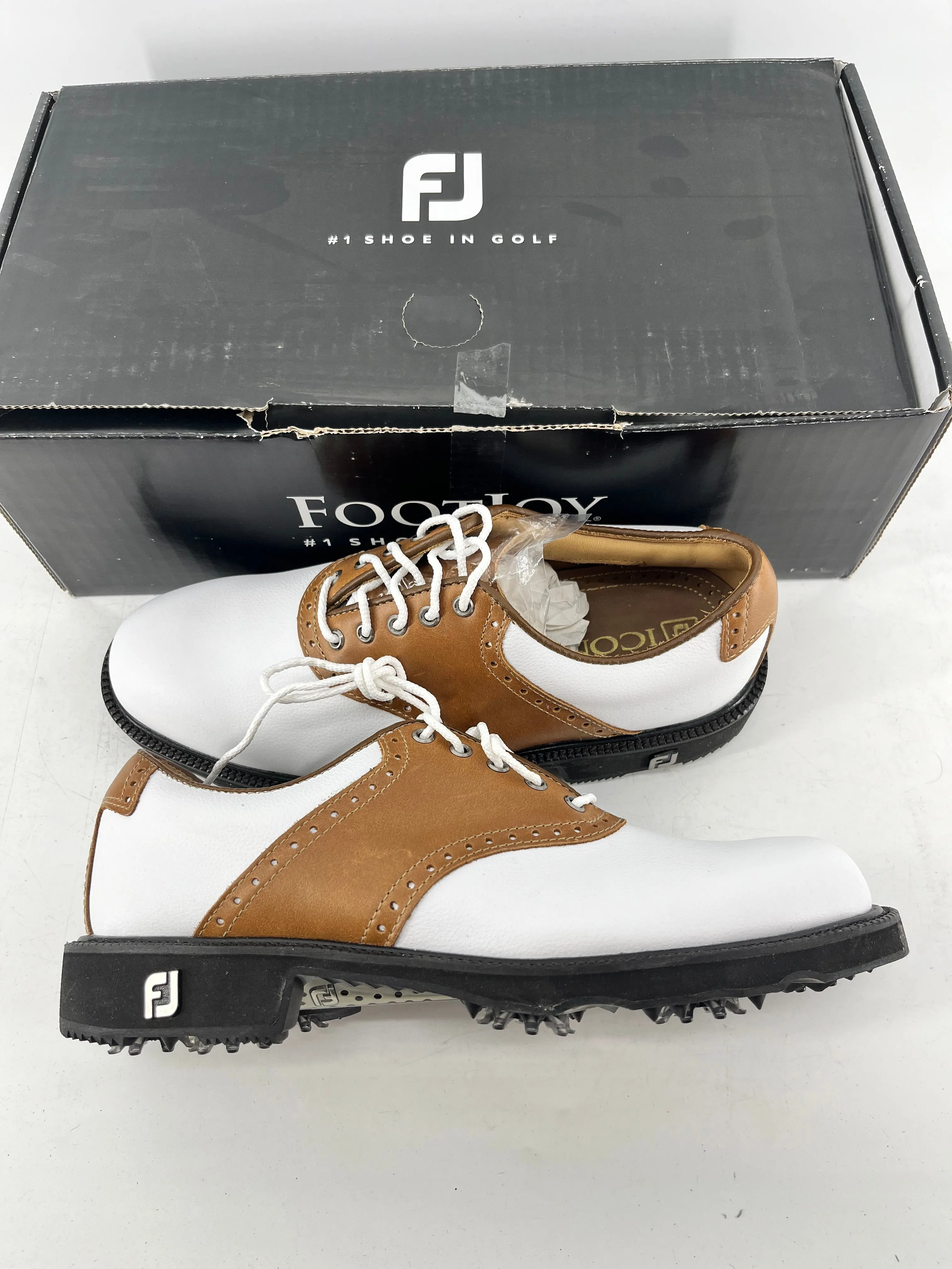 Footjoy Myjoys Premiere Icon Traditional Golf Shoes Custom White Brown 5.5 N