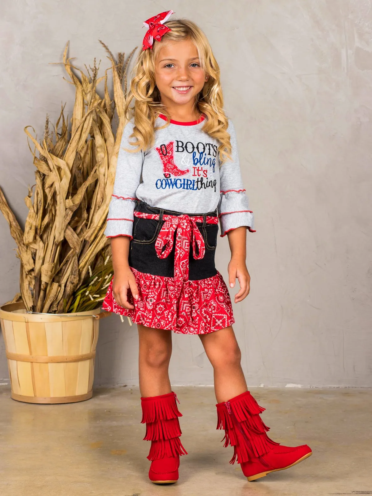 Girls "Boots Bling, It's a Cowgirl Thing" Top and Paisley Ruffled Denim Skirt Set