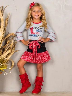 Girls "Boots Bling, It's a Cowgirl Thing" Top and Paisley Ruffled Denim Skirt Set