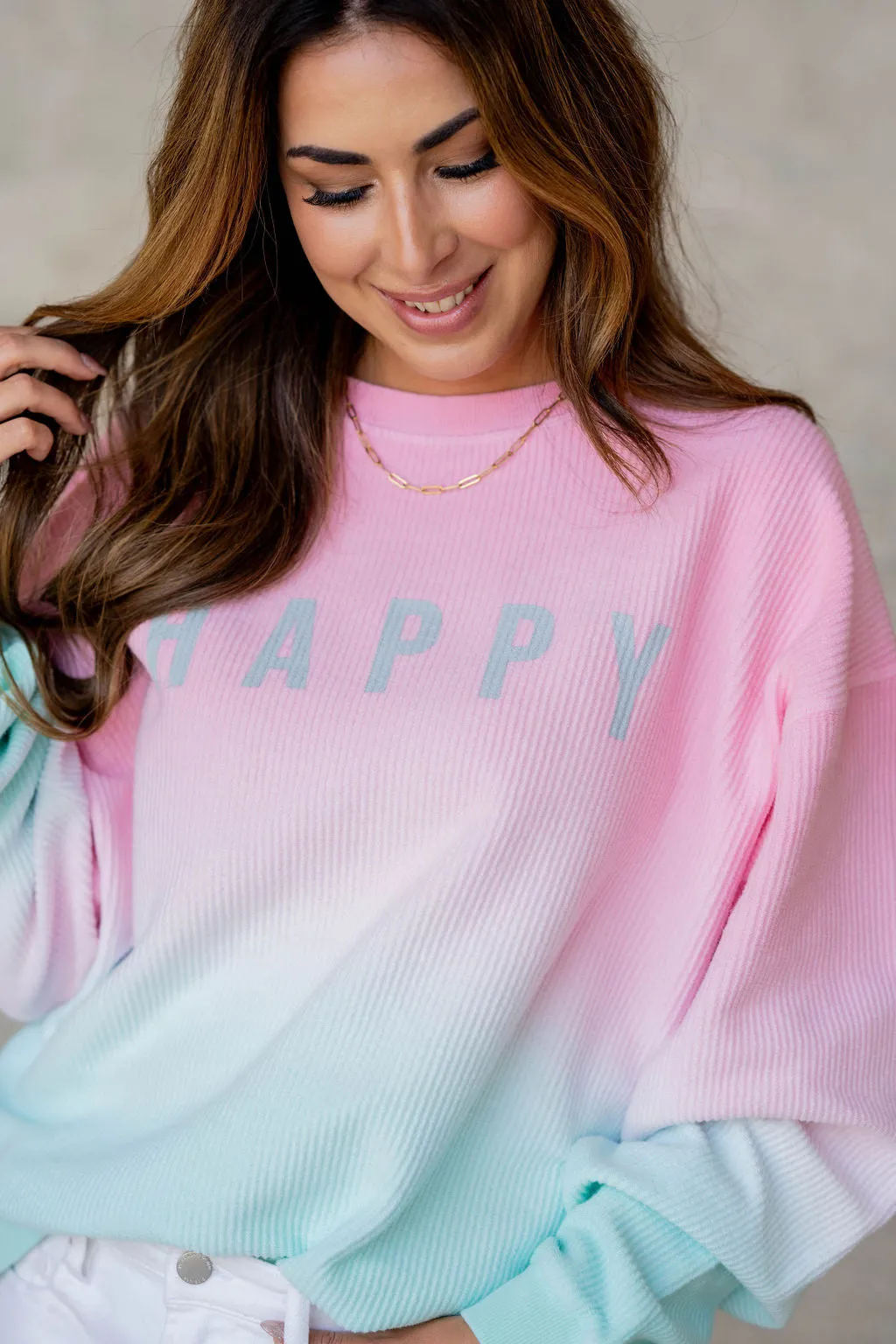 Happy Gradient Ribbed Graphic Crewneck