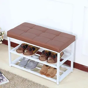 INDIAN DECOR. 38051 Shoe rack Home Shoe Bench Simple and Space-Saving Door Shoe Rack Multifunction Economic Type Living Room - White frame and Brown Cushion