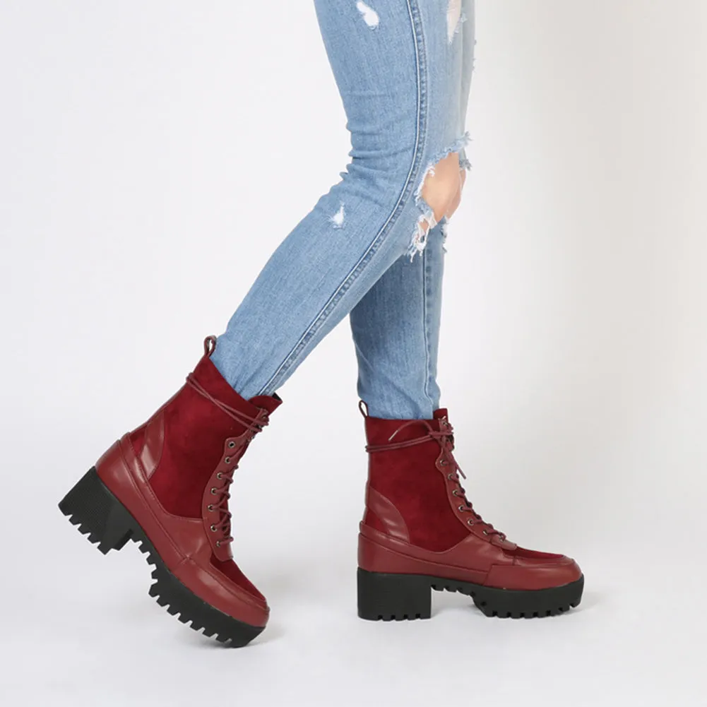 Khloe Chunky Sole Lace Up Ankle Boot in Bordeaux