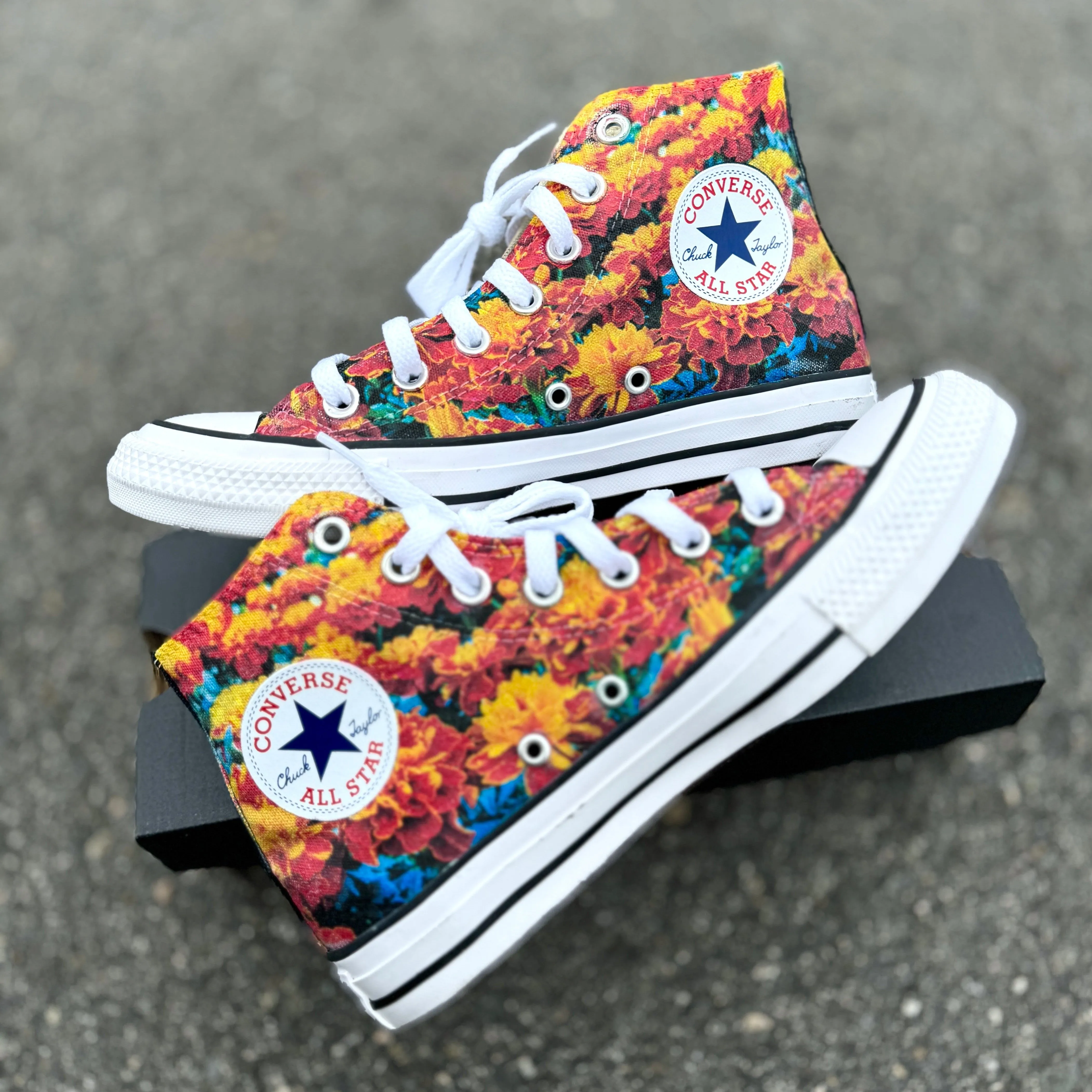 Marigold Flower Field on Black Converse High Top Chuck Taylor Shoe