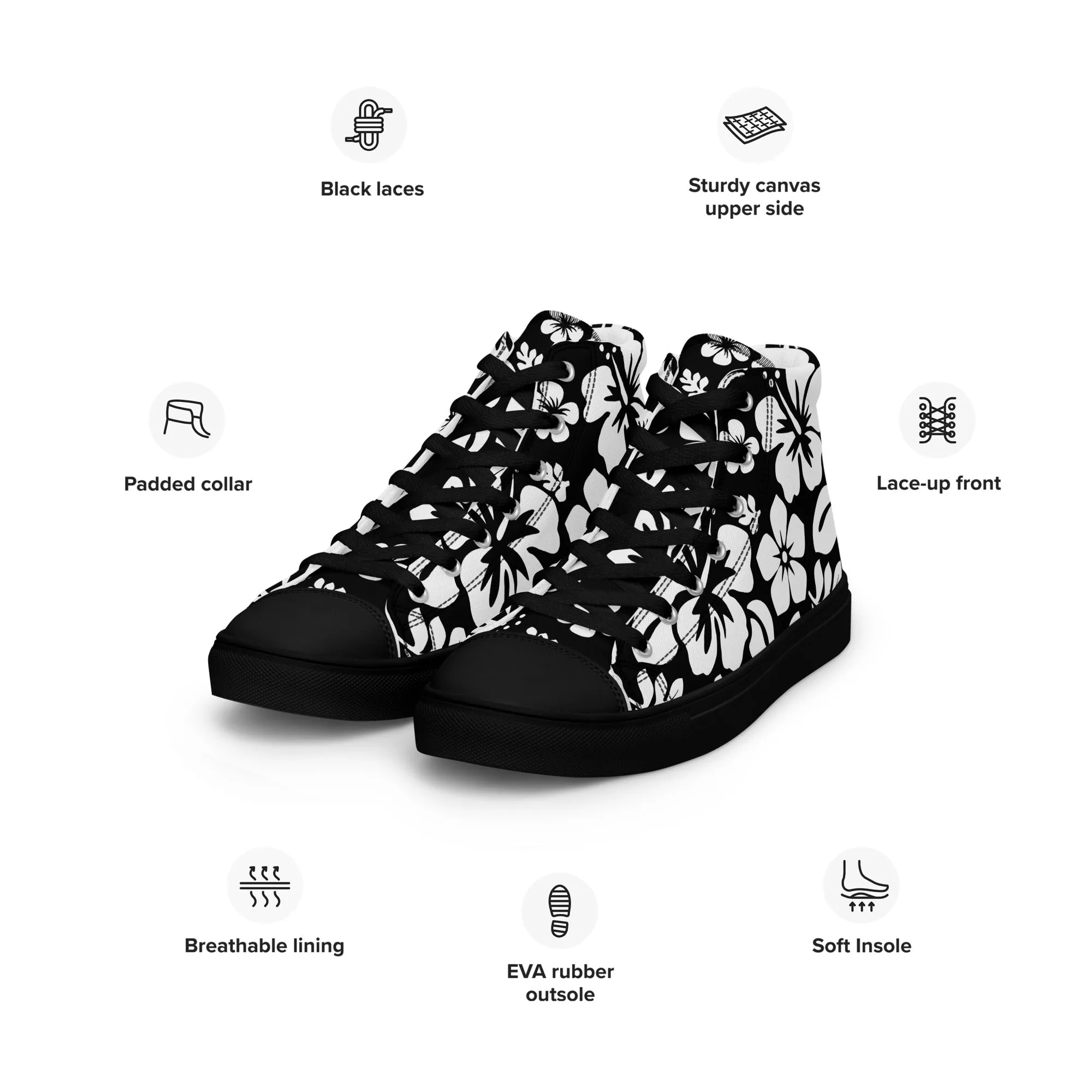 Men's Black and White Hawaiian Print High Top Shoes