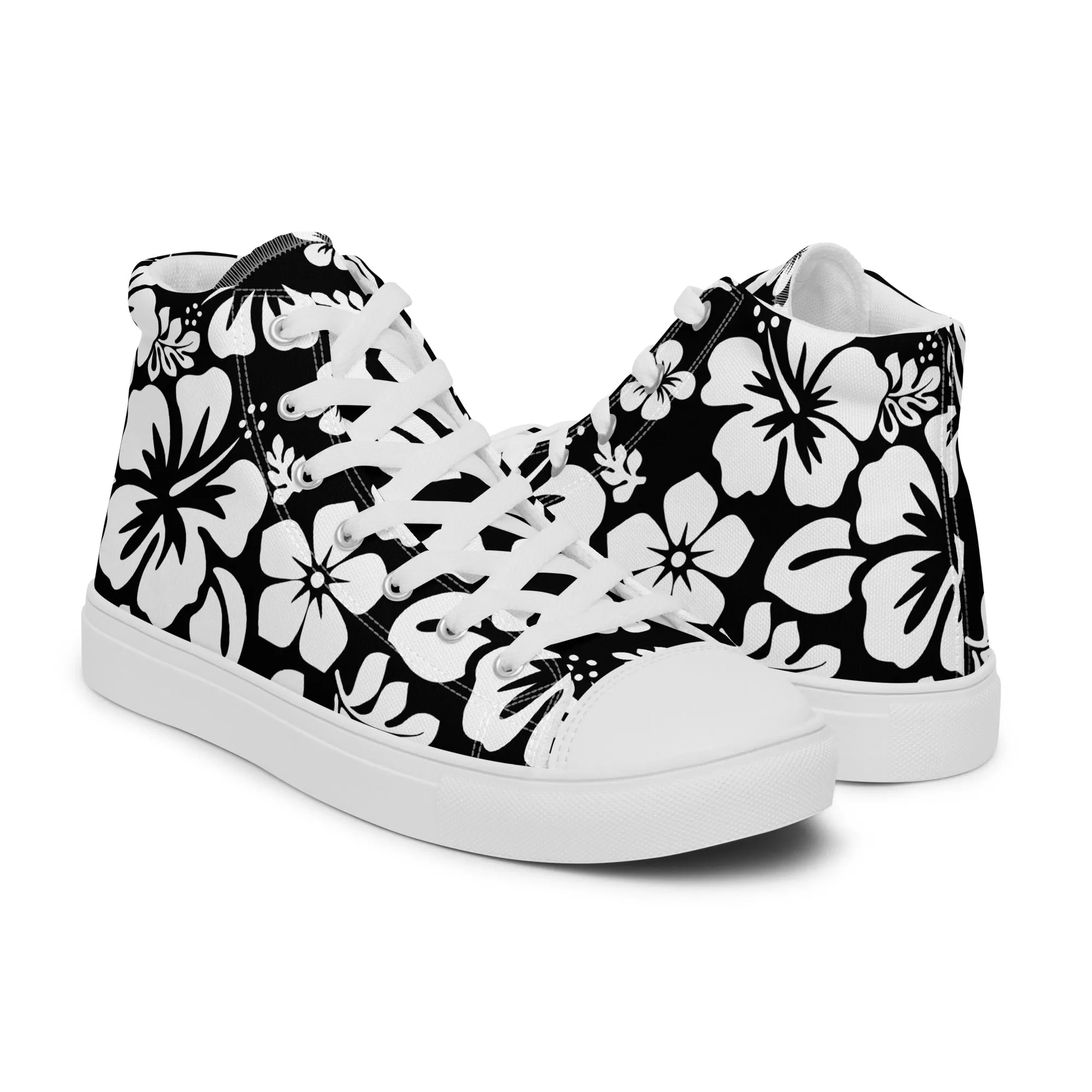 Men's Black and White Hawaiian Print High Top Shoes