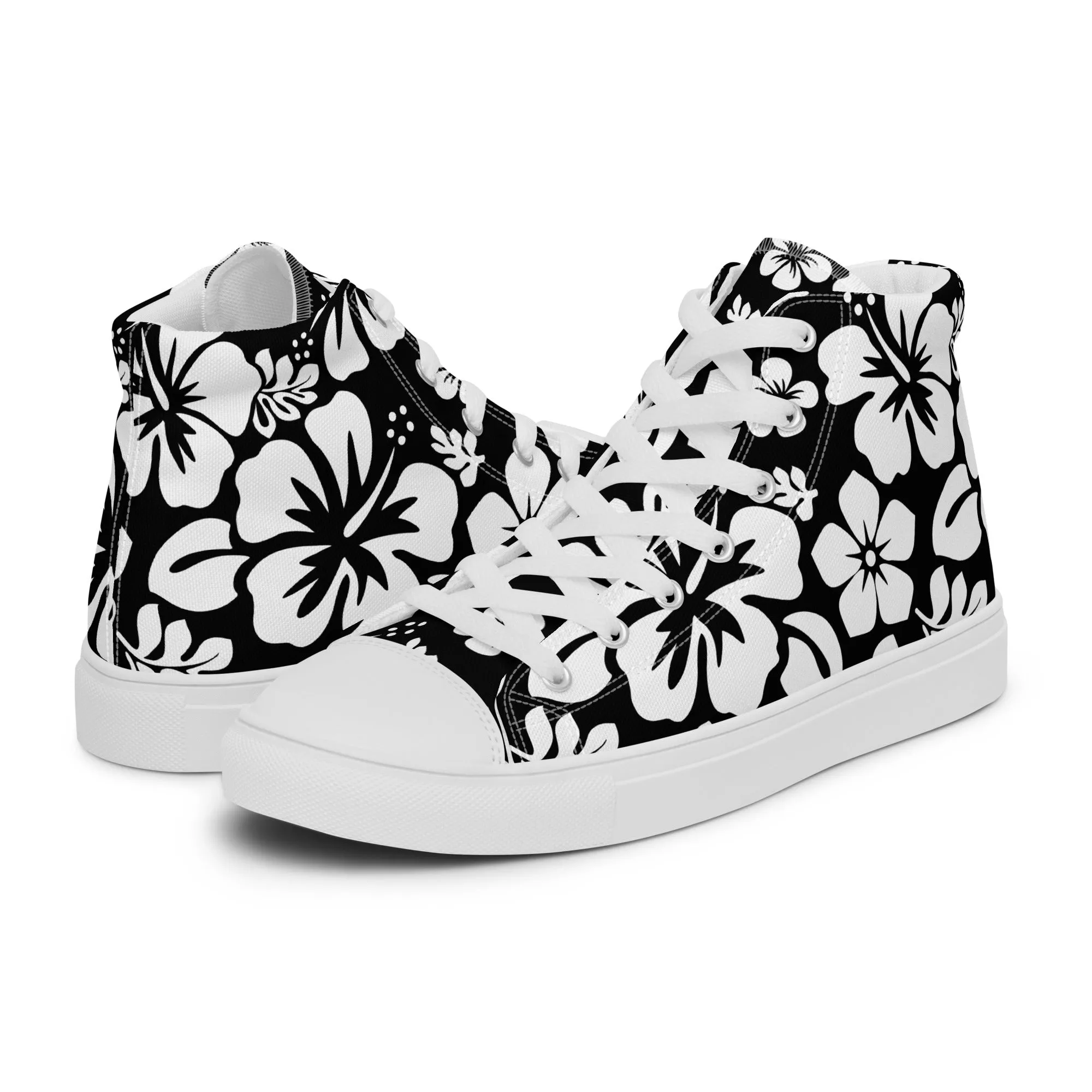 Men's Black and White Hawaiian Print High Top Shoes