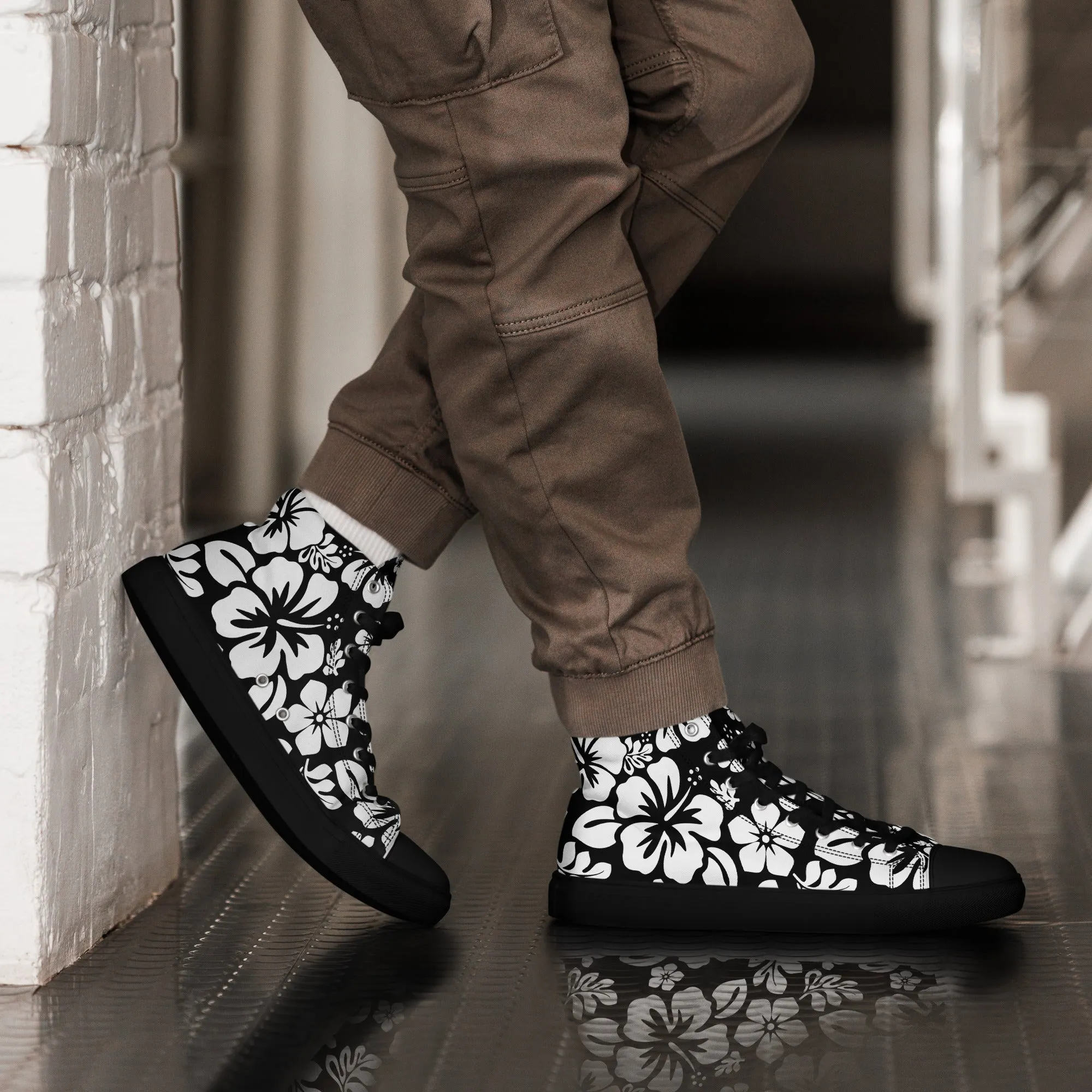 Men's Black and White Hawaiian Print High Top Shoes