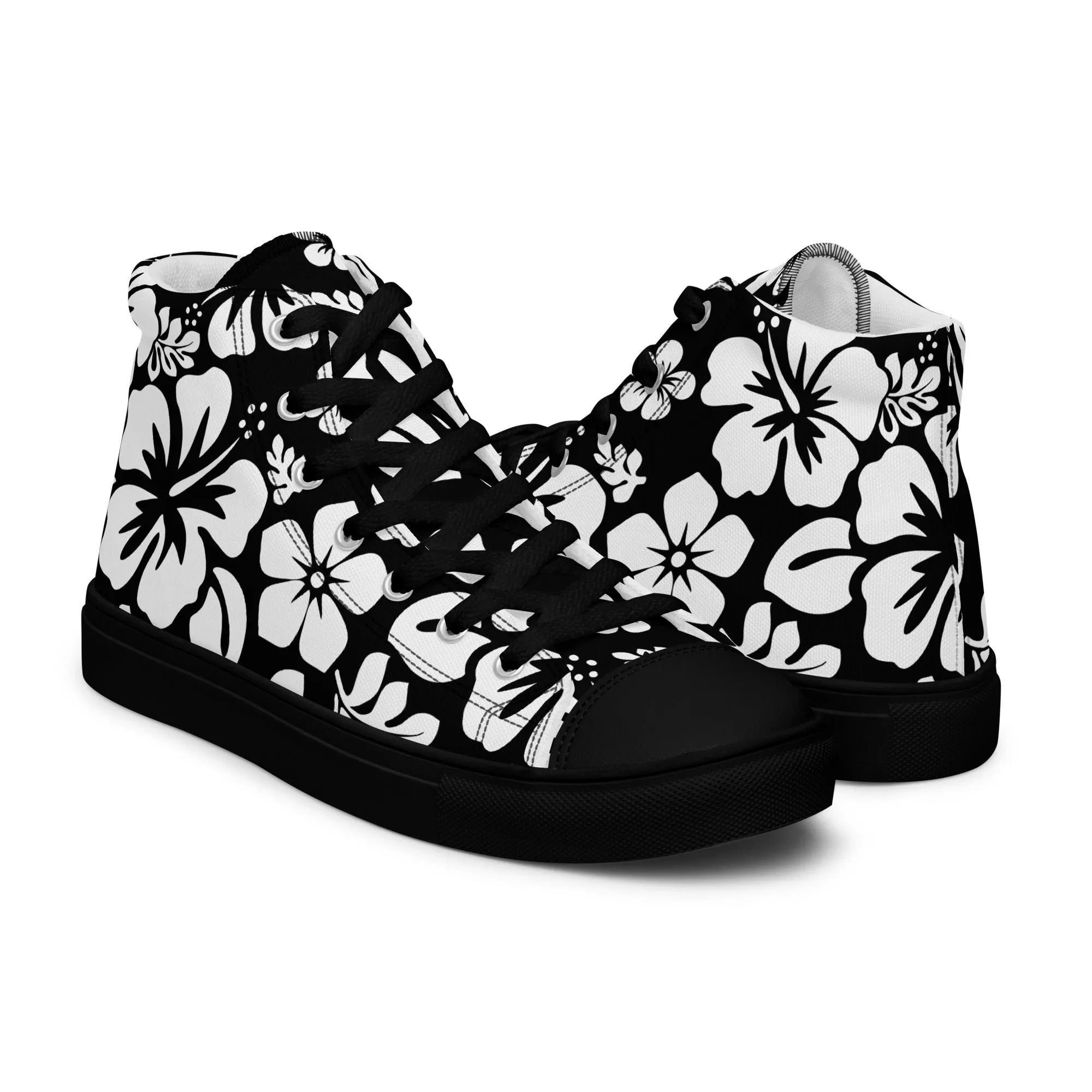 Men's Black and White Hawaiian Print High Top Shoes