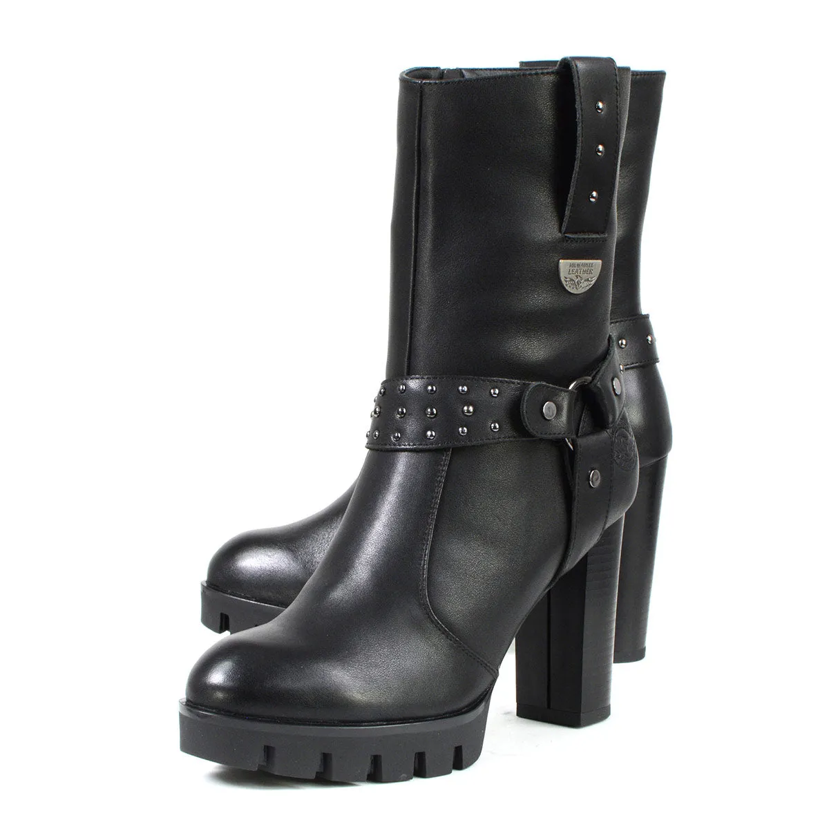 Milwaukee Leather MBL9303 Women's Classic Black Leather Casual Fashion Boots with Block Heel