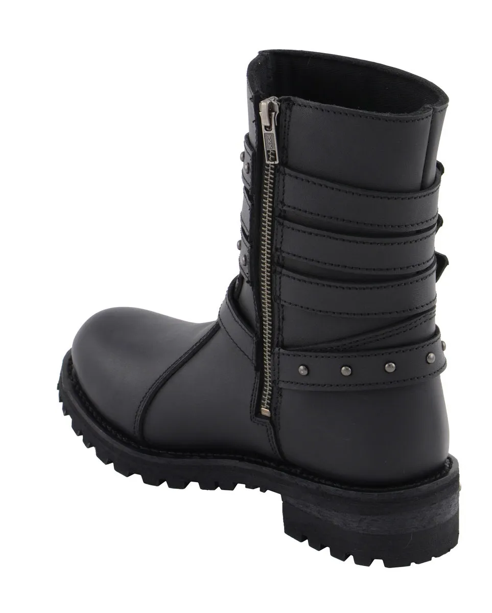 Milwaukee Leather MBL9399 Women's 9-Inch Triple Buckle Black Leather Harness Biker Boots w/ Side Zipper