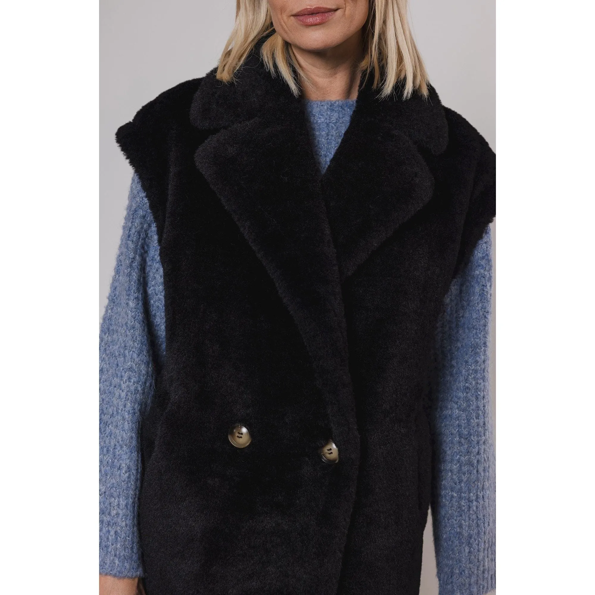 Mimo Double Breasted Faux Fur Waistcoat Black