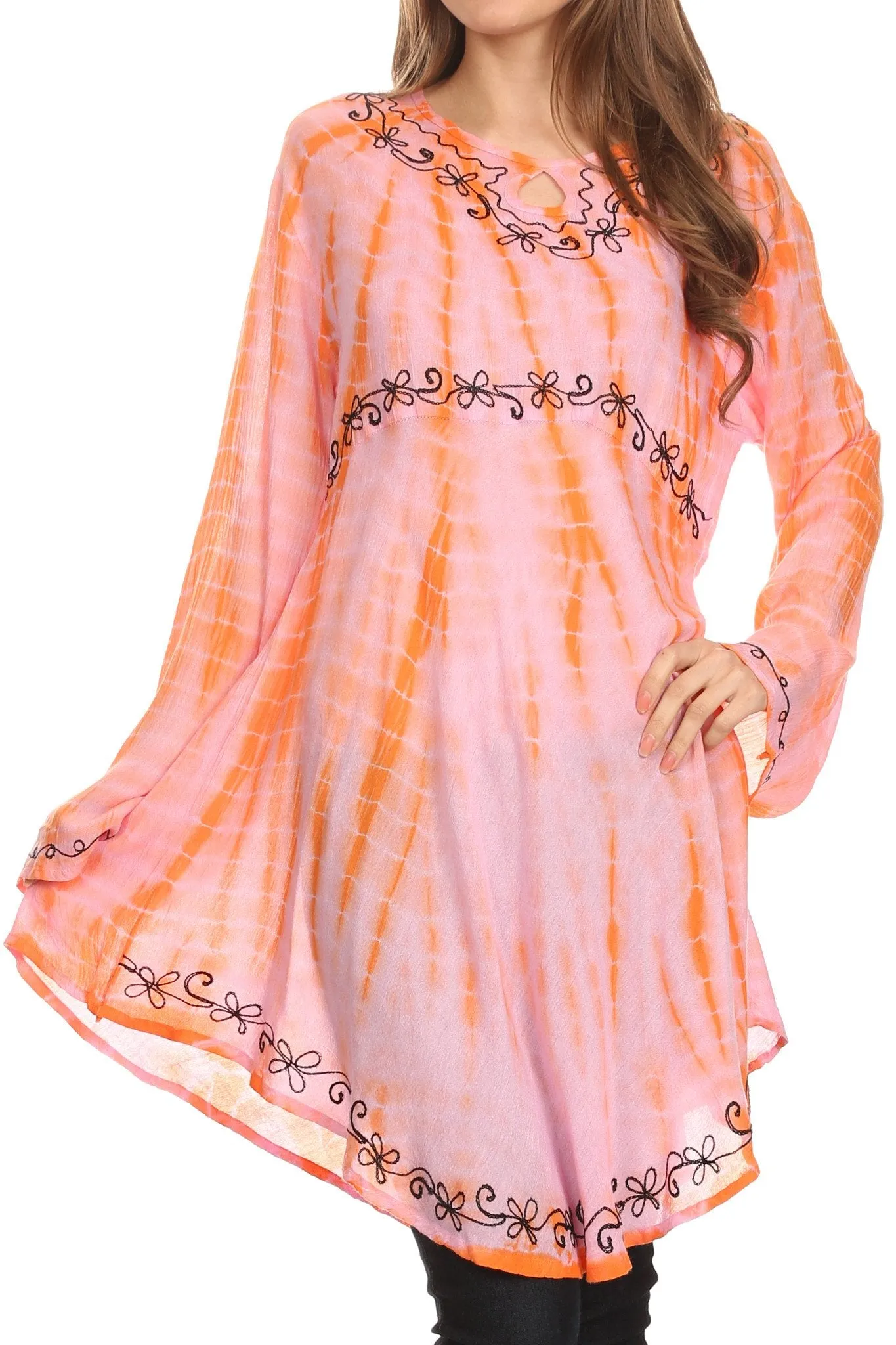 Sakkas Arissa Long Sleeved Tunic Blouse Embroidered Tie Dye Circle Dress / Cover Up