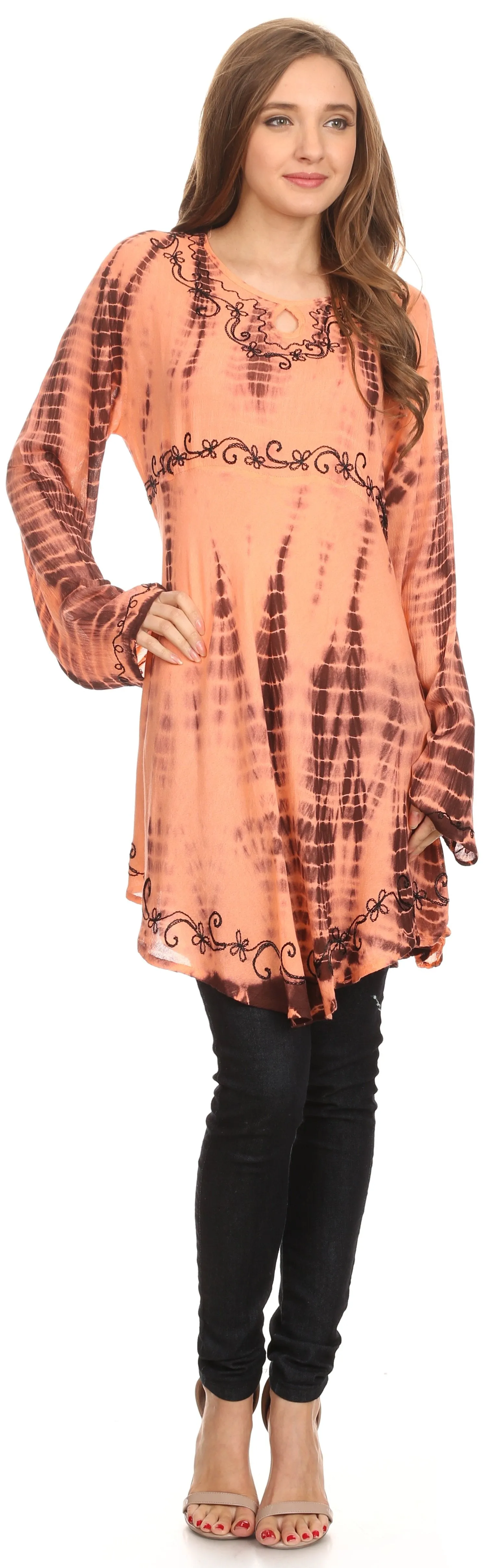 Sakkas Arissa Long Sleeved Tunic Blouse Embroidered Tie Dye Circle Dress / Cover Up