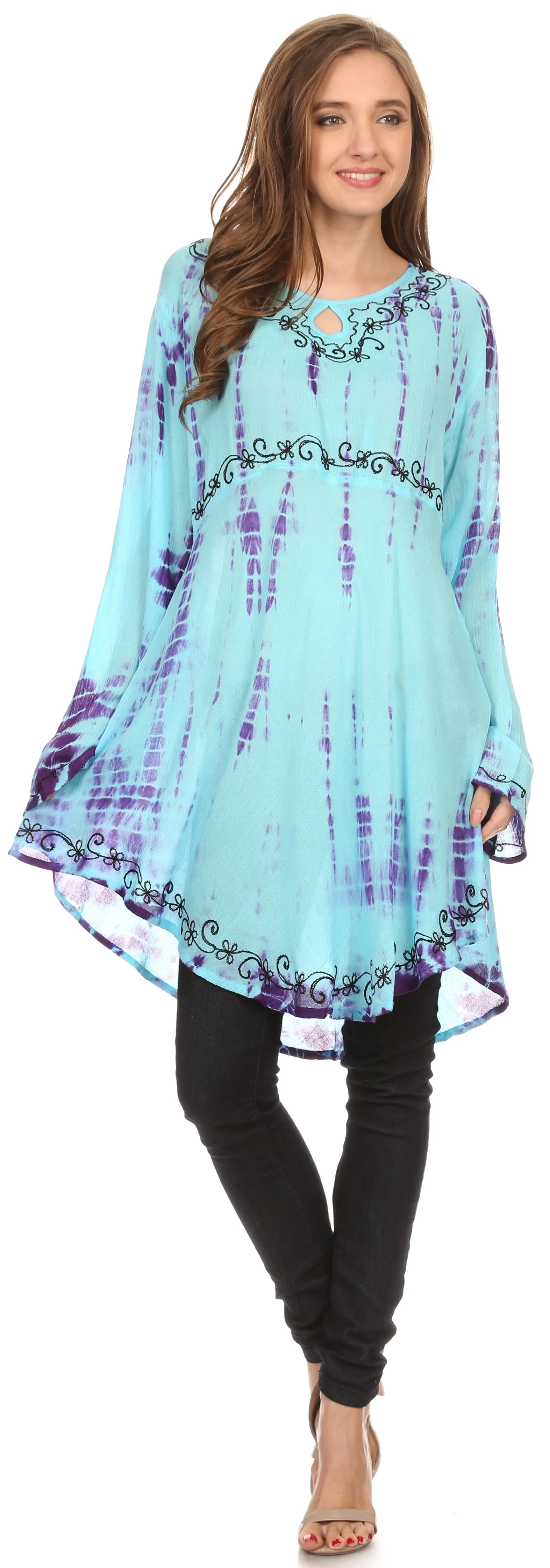 Sakkas Arissa Long Sleeved Tunic Blouse Embroidered Tie Dye Circle Dress / Cover Up