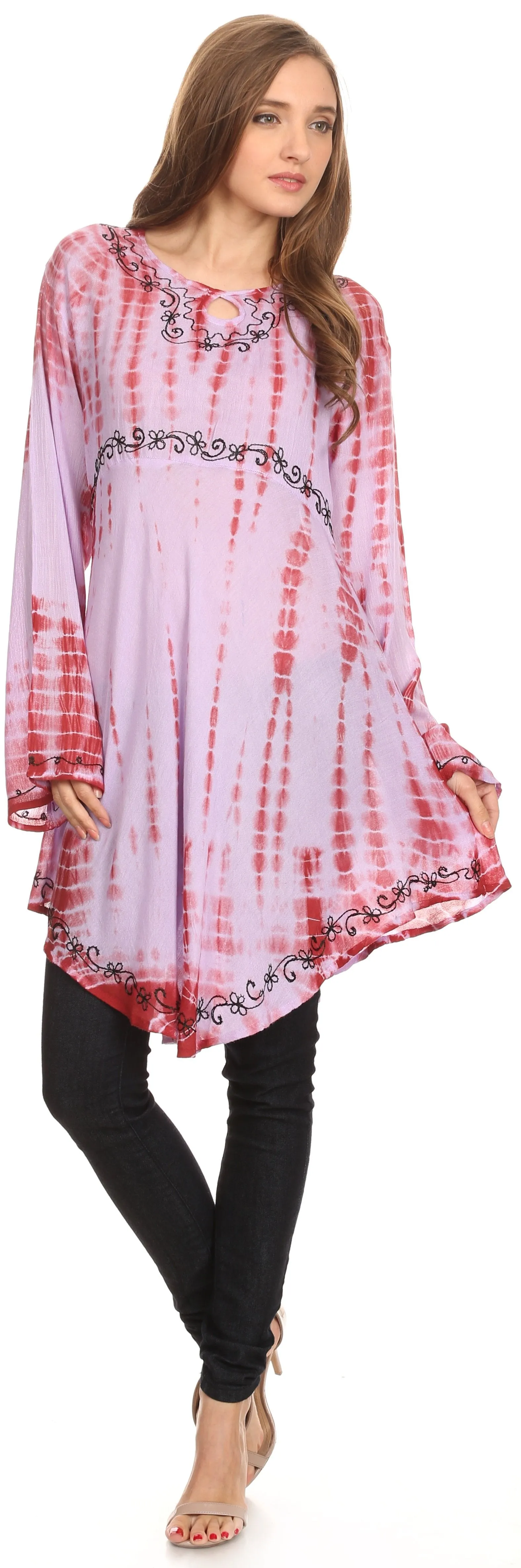 Sakkas Arissa Long Sleeved Tunic Blouse Embroidered Tie Dye Circle Dress / Cover Up