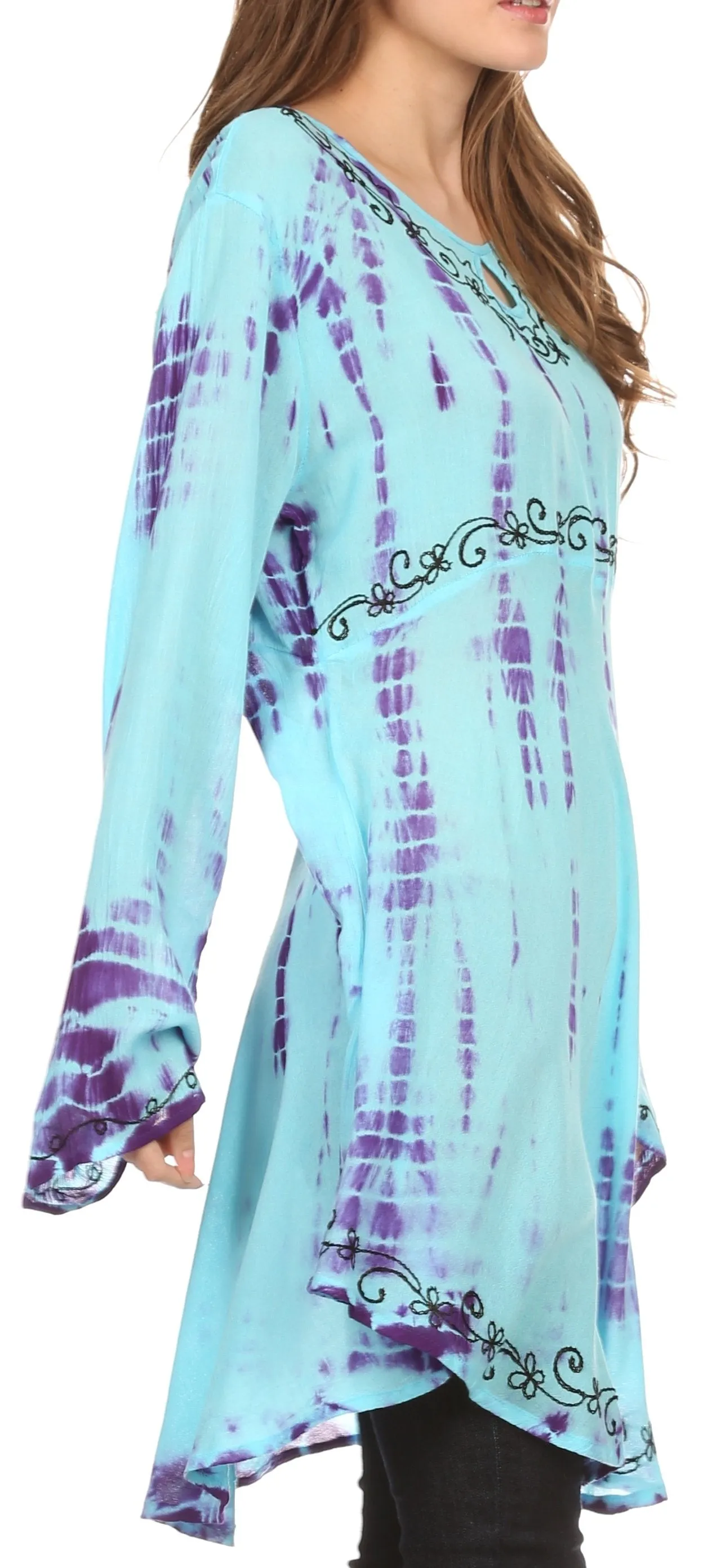 Sakkas Arissa Long Sleeved Tunic Blouse Embroidered Tie Dye Circle Dress / Cover Up