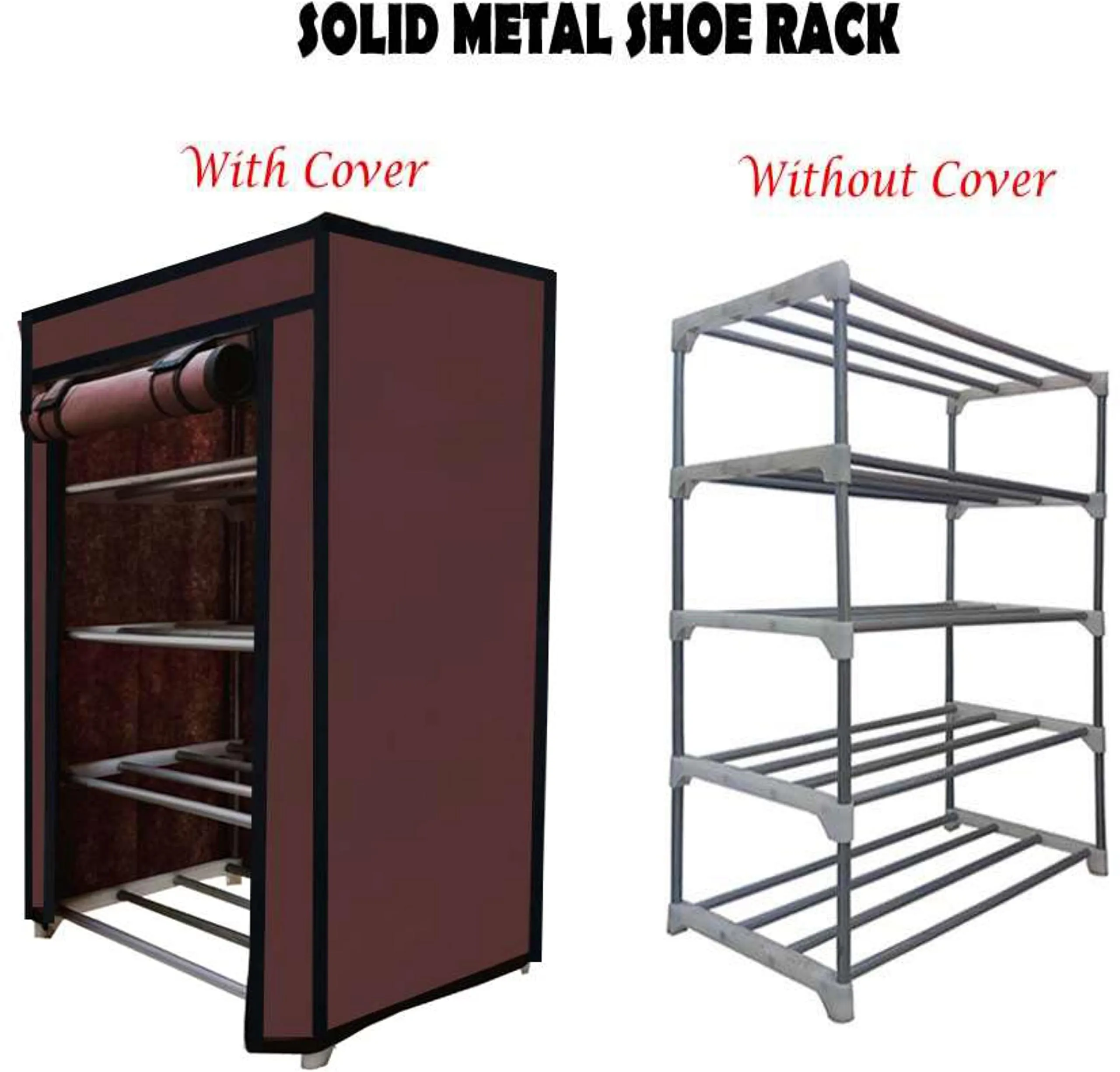 SANAMSTORE Metal 4 Tier Rack Shoe/Clothes/Books Stand Rack With Cover For Home (Need To Be Assemble-Diy) -Brown, 30 X 55 X 75 CM