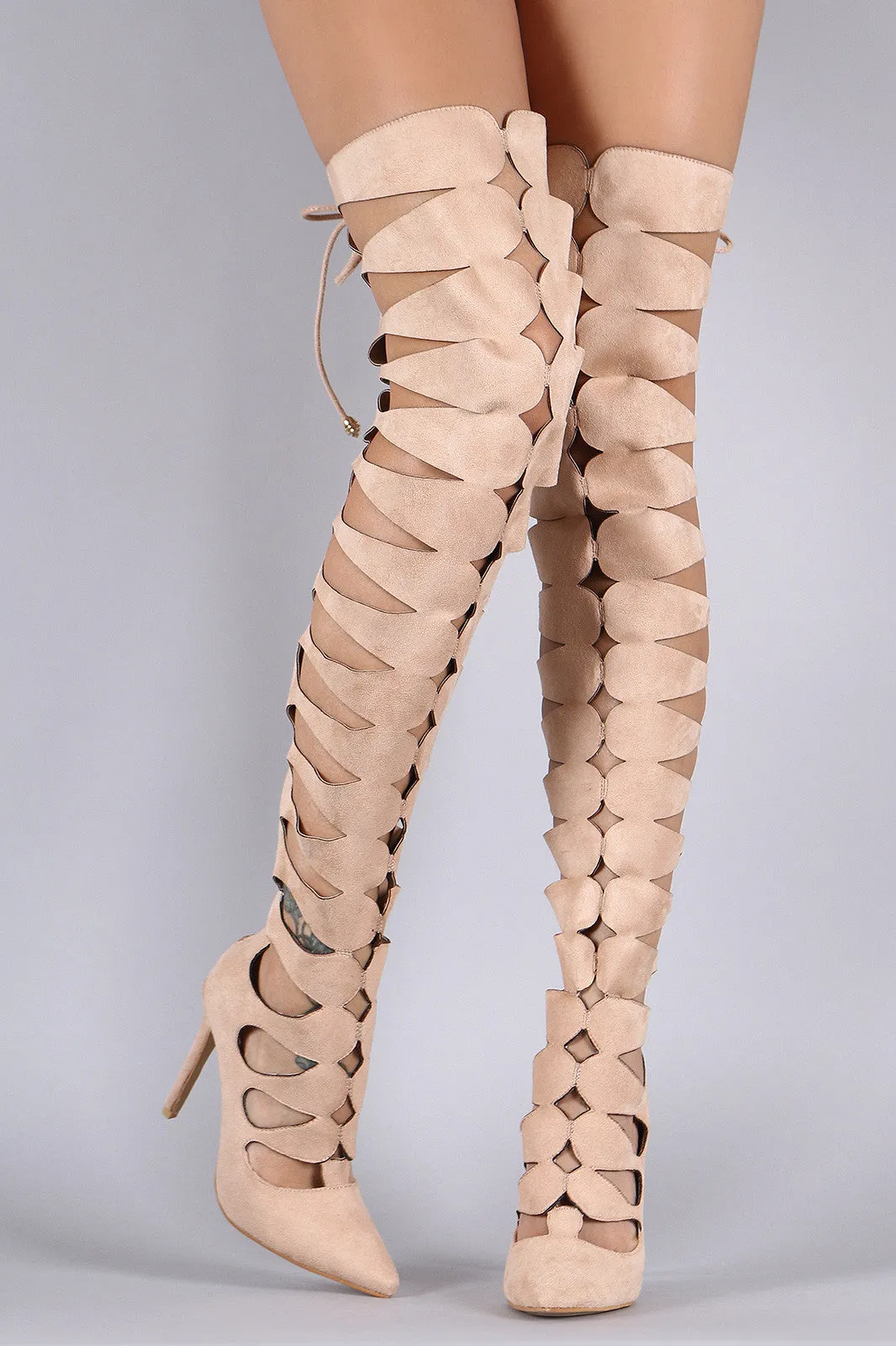 Suede Keyhole Cutout Pointy Toe Lace Up Stiletto Boots