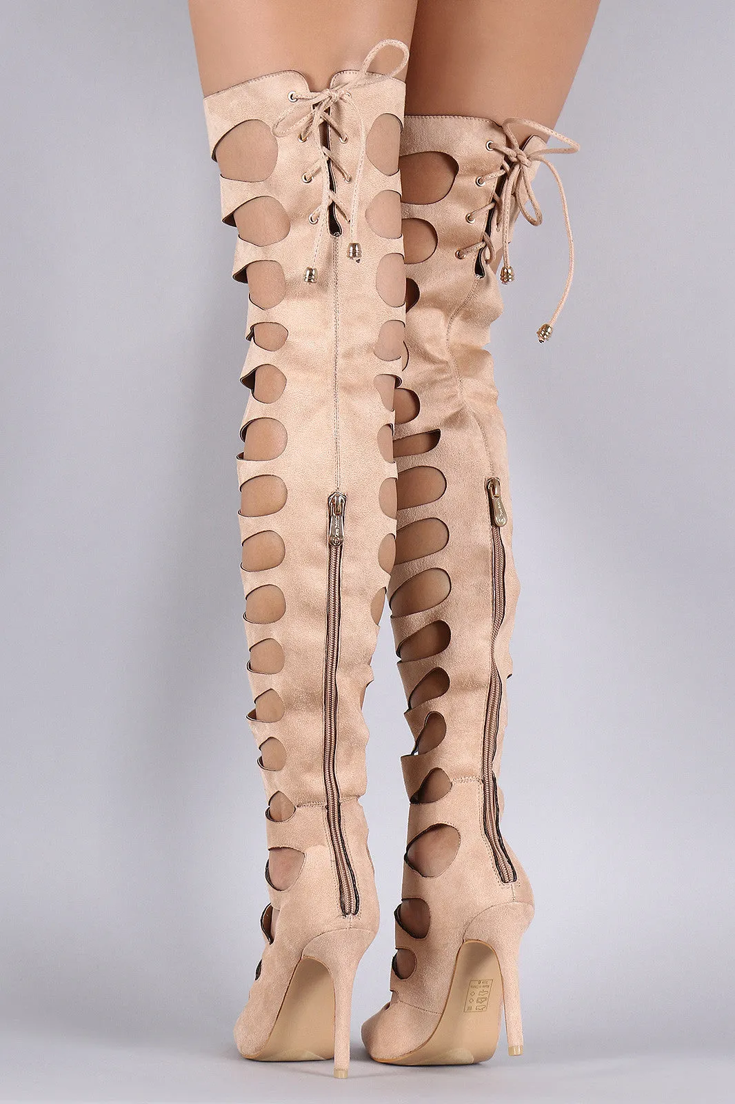 Suede Keyhole Cutout Pointy Toe Lace Up Stiletto Boots