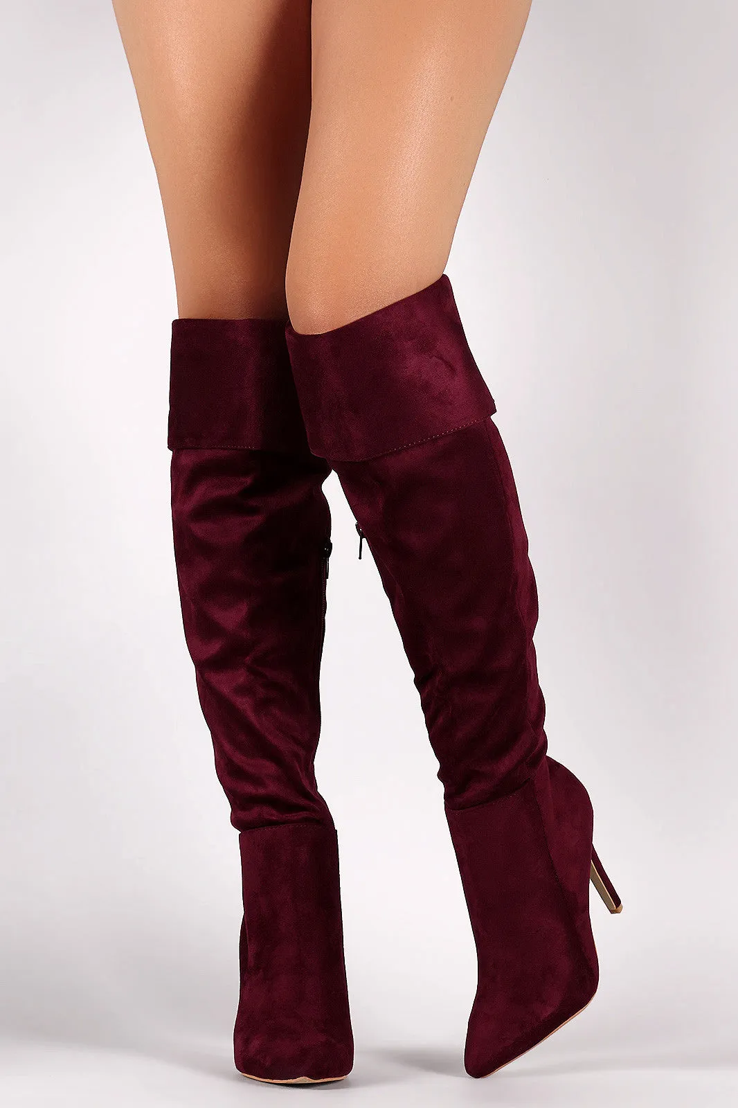 Suede Pointy Toe Cuff Over-The-Knee Stiletto Boots