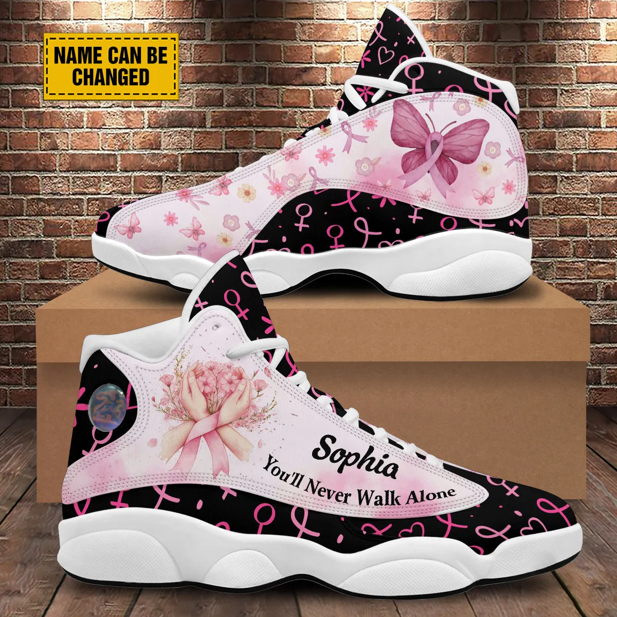 Teesdily | Customized You'll Never Walk Alone Basketball Shoes, Pink Ribbon Breast Cancer Awareness Month Shoes, Support Cancer Fighter Gifts