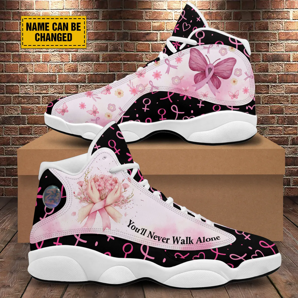 Teesdily | Customized You'll Never Walk Alone Basketball Shoes, Pink Ribbon Breast Cancer Awareness Month Shoes, Support Cancer Fighter Gifts