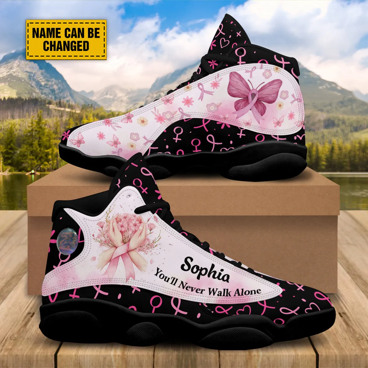 Teesdily | Customized You'll Never Walk Alone Basketball Shoes, Pink Ribbon Breast Cancer Awareness Month Shoes, Support Cancer Fighter Gifts