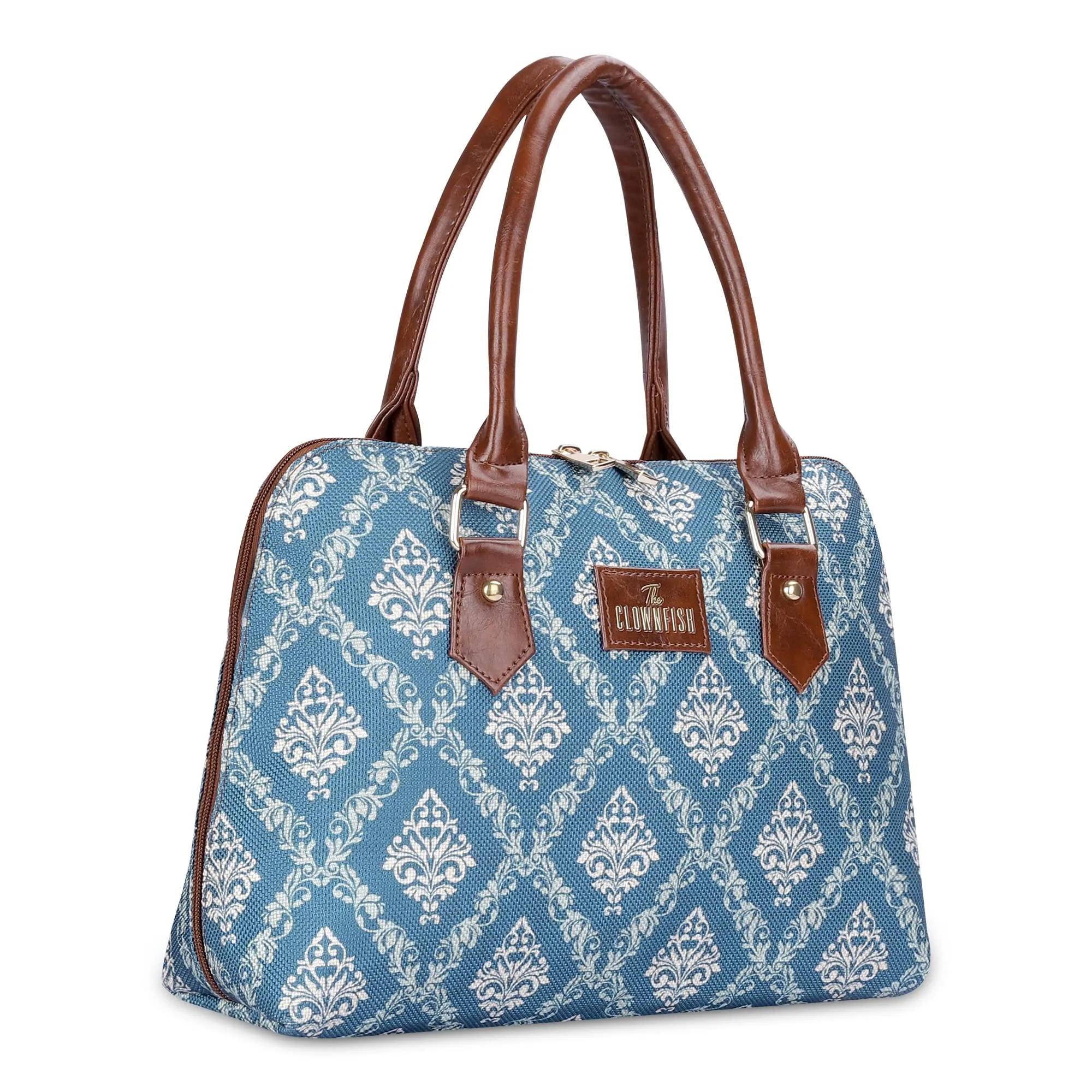 THE CLOWNFISH Montana Series Printed Handicraft Fabric & Faux leather Handbag for Women Office Bag Ladies Purse Shoulder Bag Tote For Women College Girls (Blue)