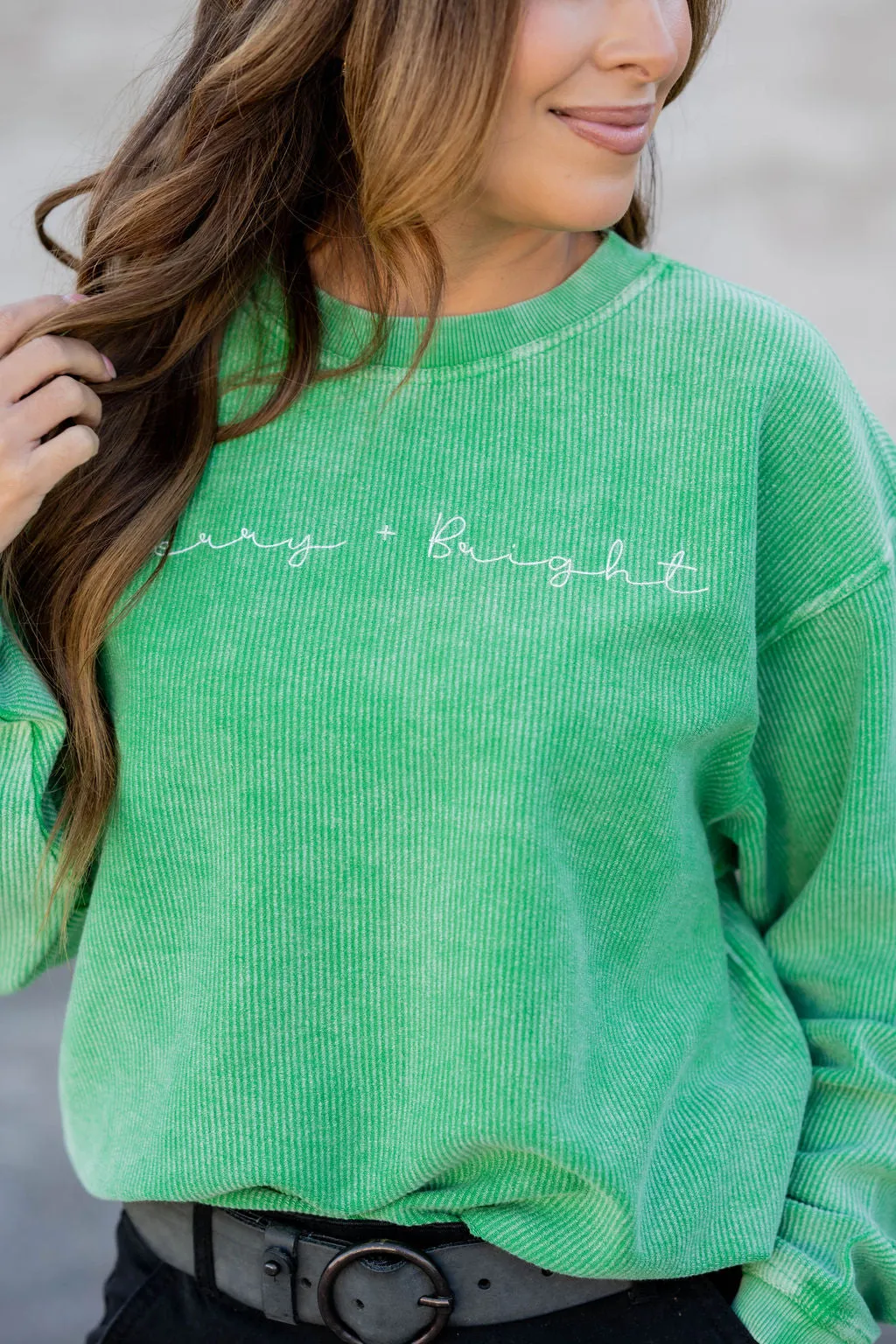 Thin Cursive Merry & Bright Ribbed Graphic Crewneck