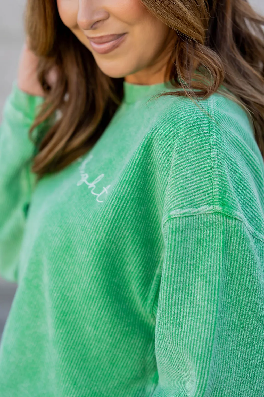 Thin Cursive Merry & Bright Ribbed Graphic Crewneck